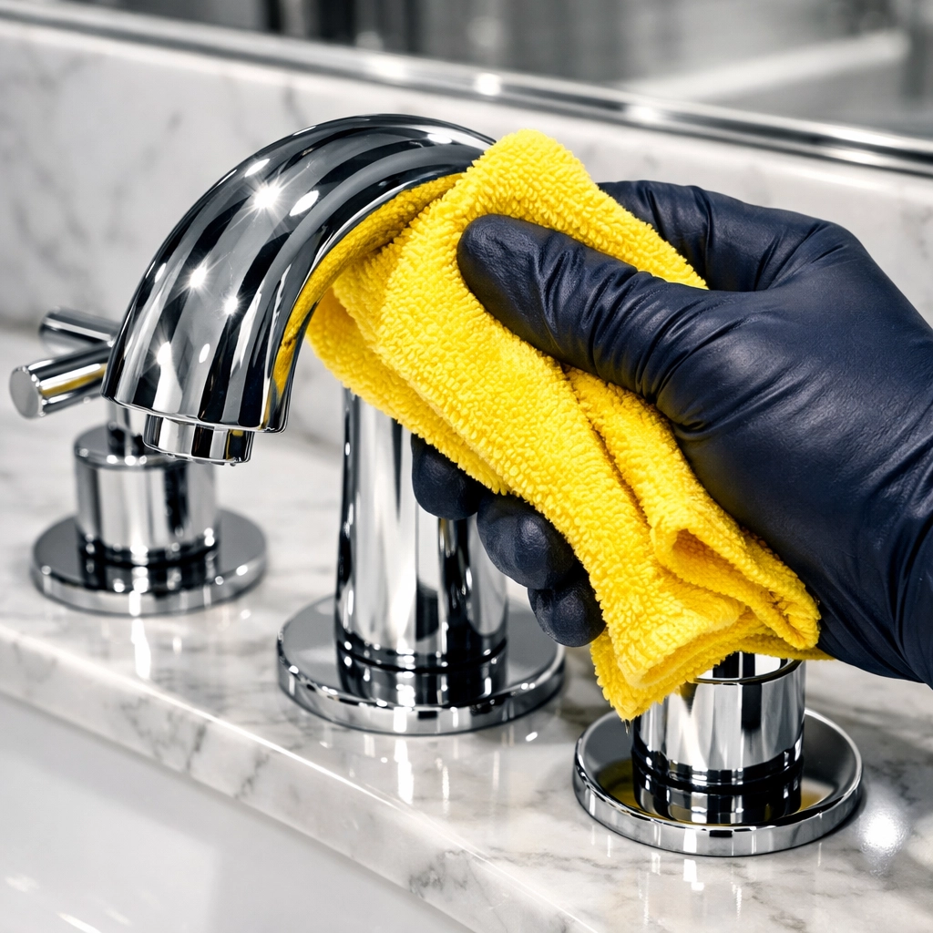 Professional detail cleaning of a luxury marble bathroom by The Cleaning Ninjas.