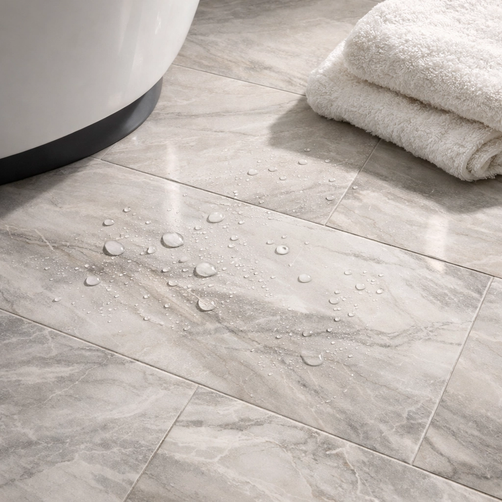 Porcelain tile flooring in Orlando bathroom showing water-resistant surface with moisture beads