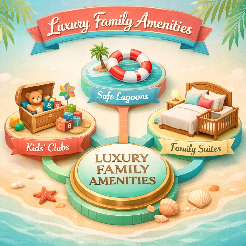 Infographic highlighting luxury family amenities at Maldives resorts like kids clubs and suites.