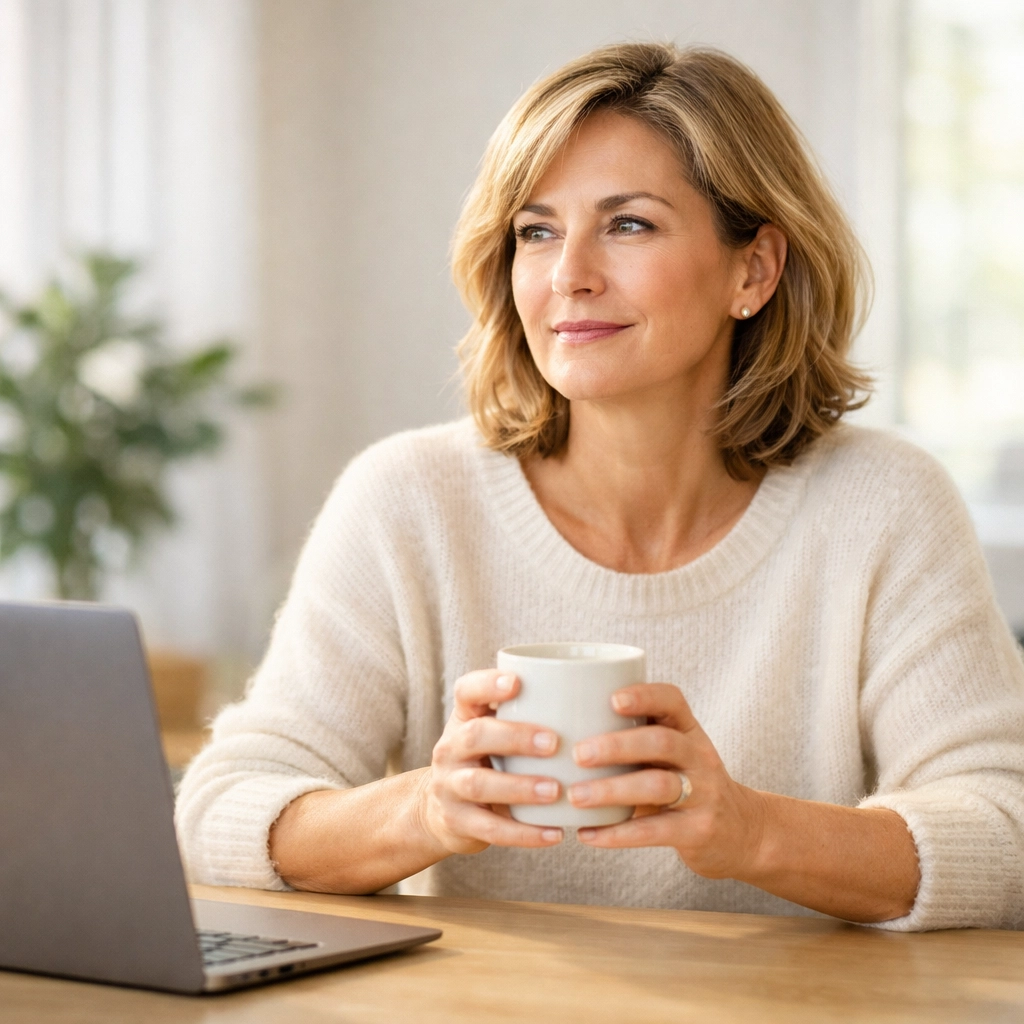 Professional woman in office regaining mental clarity from perimenopause brain fog at work.