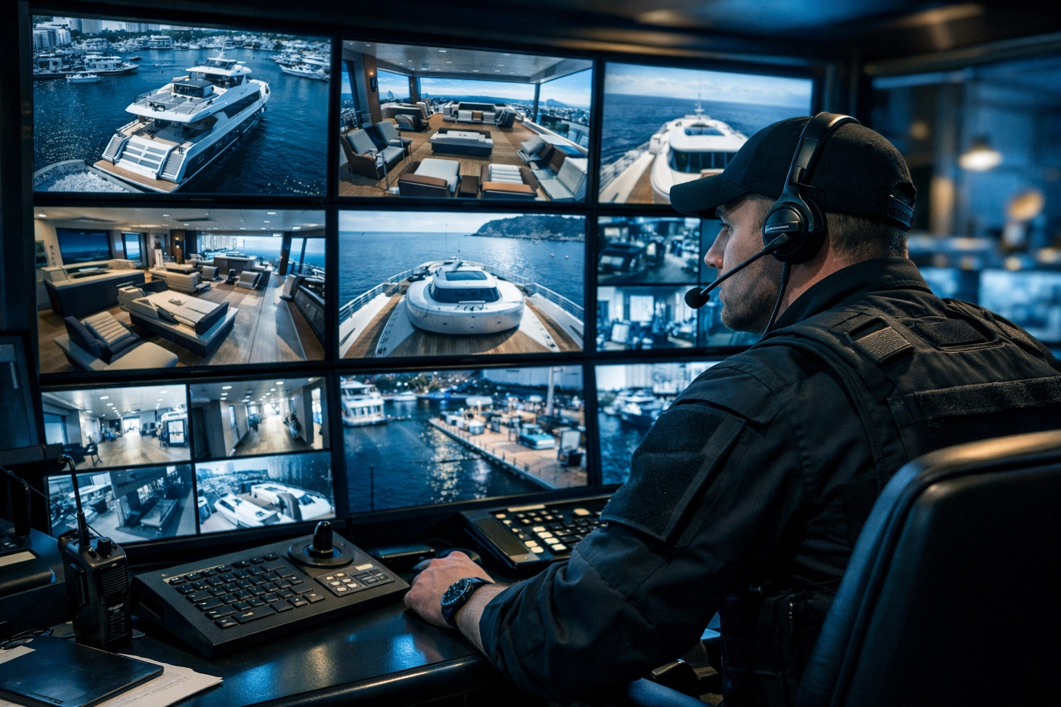 24/7 yacht surveillance monitoring system with live CCTV feeds and security operator