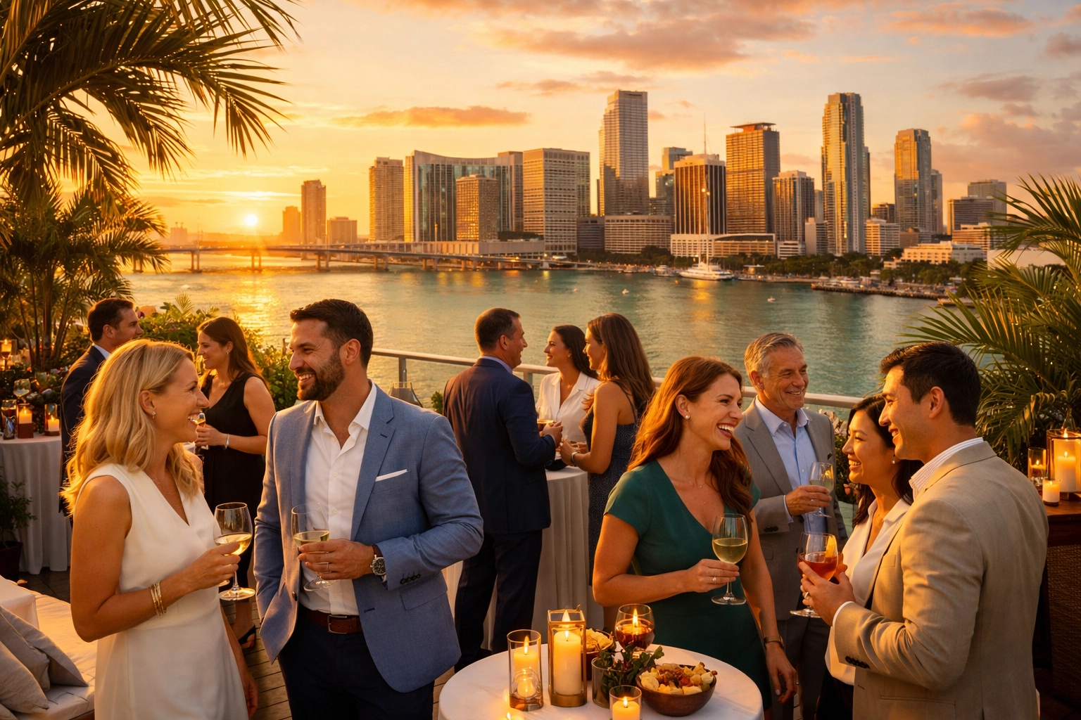 Networking at a Miami rooftop cocktail reception during magic hour with views of Biscayne Bay.