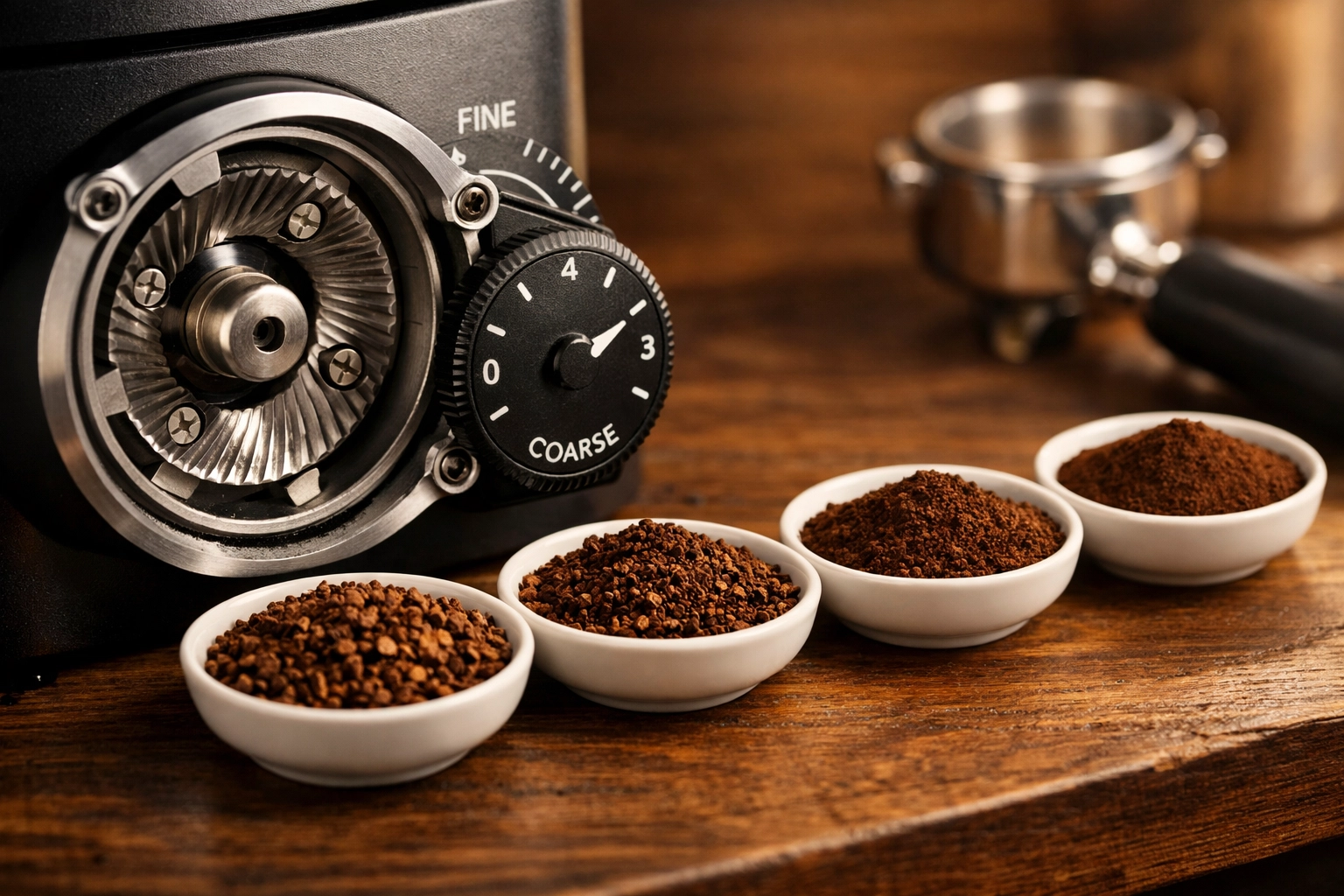 Coffee grind sizes from coarse to fine showing proper espresso grinder adjustment