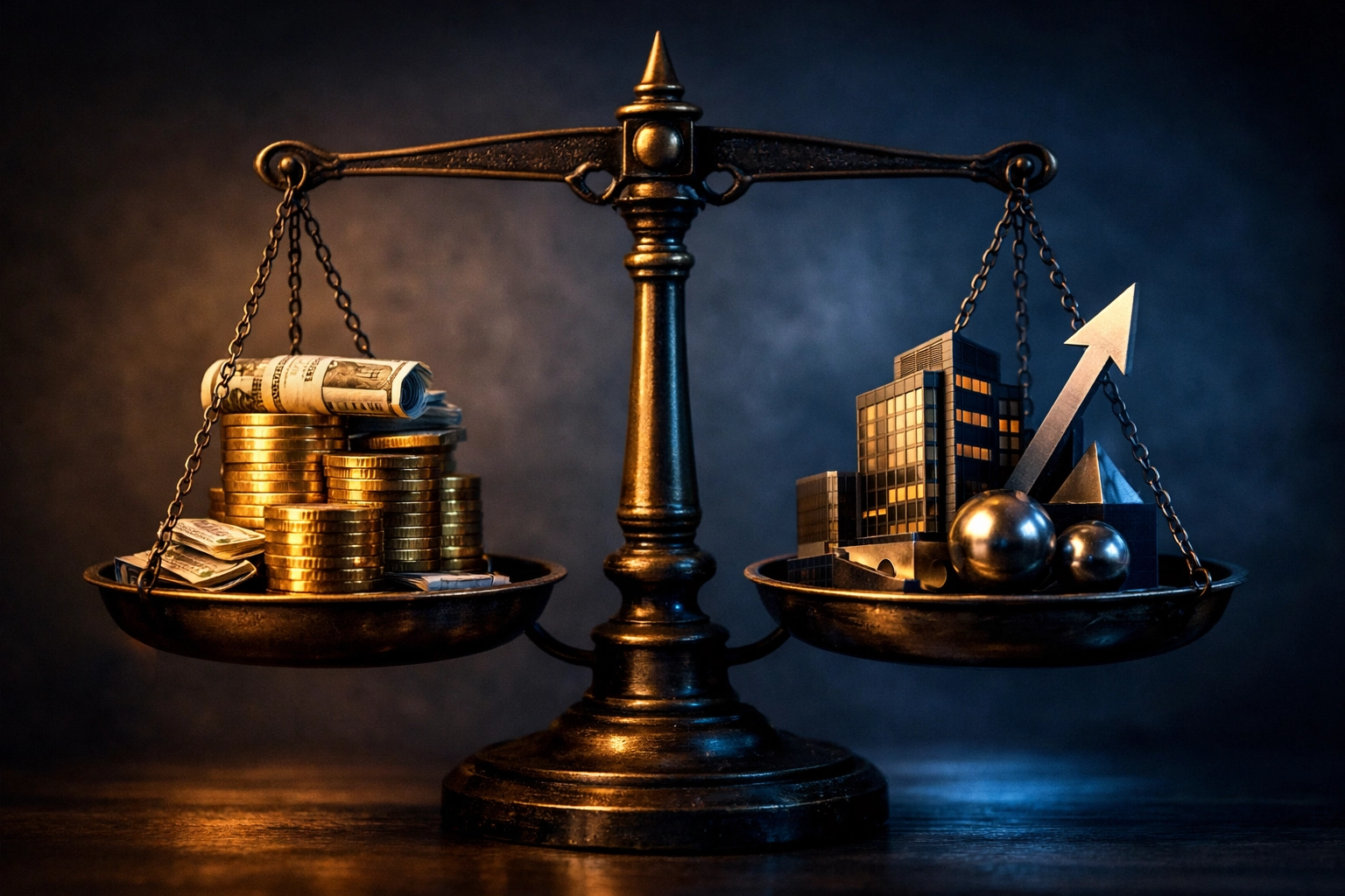 Balanced scale visualizing risk-return tradeoffs between income and growth investments