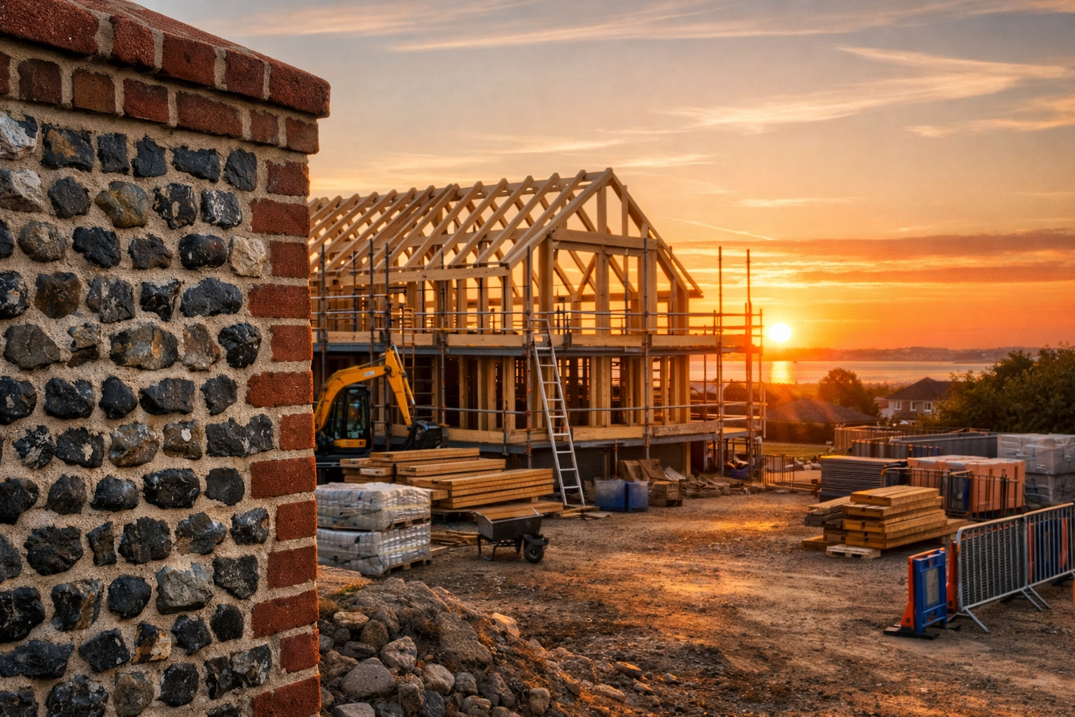 A professional Bognor Regis construction site featuring a traditional Sussex flint wall at sunset.