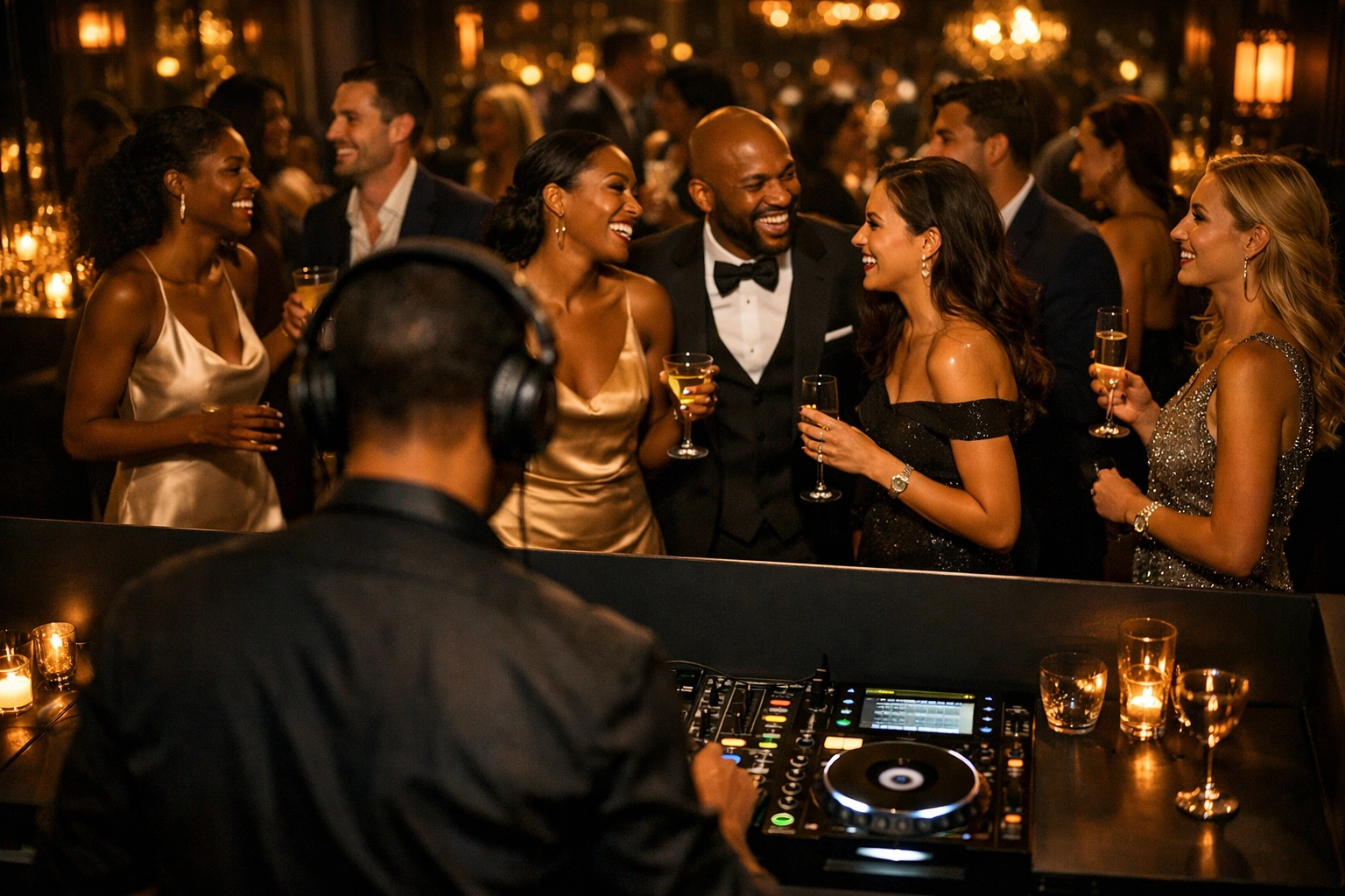 Luxury event DJ booth overlooking an upscale, diverse crowd of socialites and professionals.