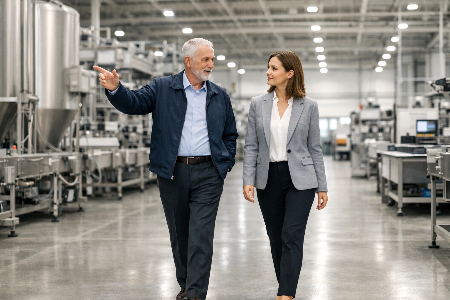 Senior owner mentoring a successor during a Mississippi industrial business ownership transition.