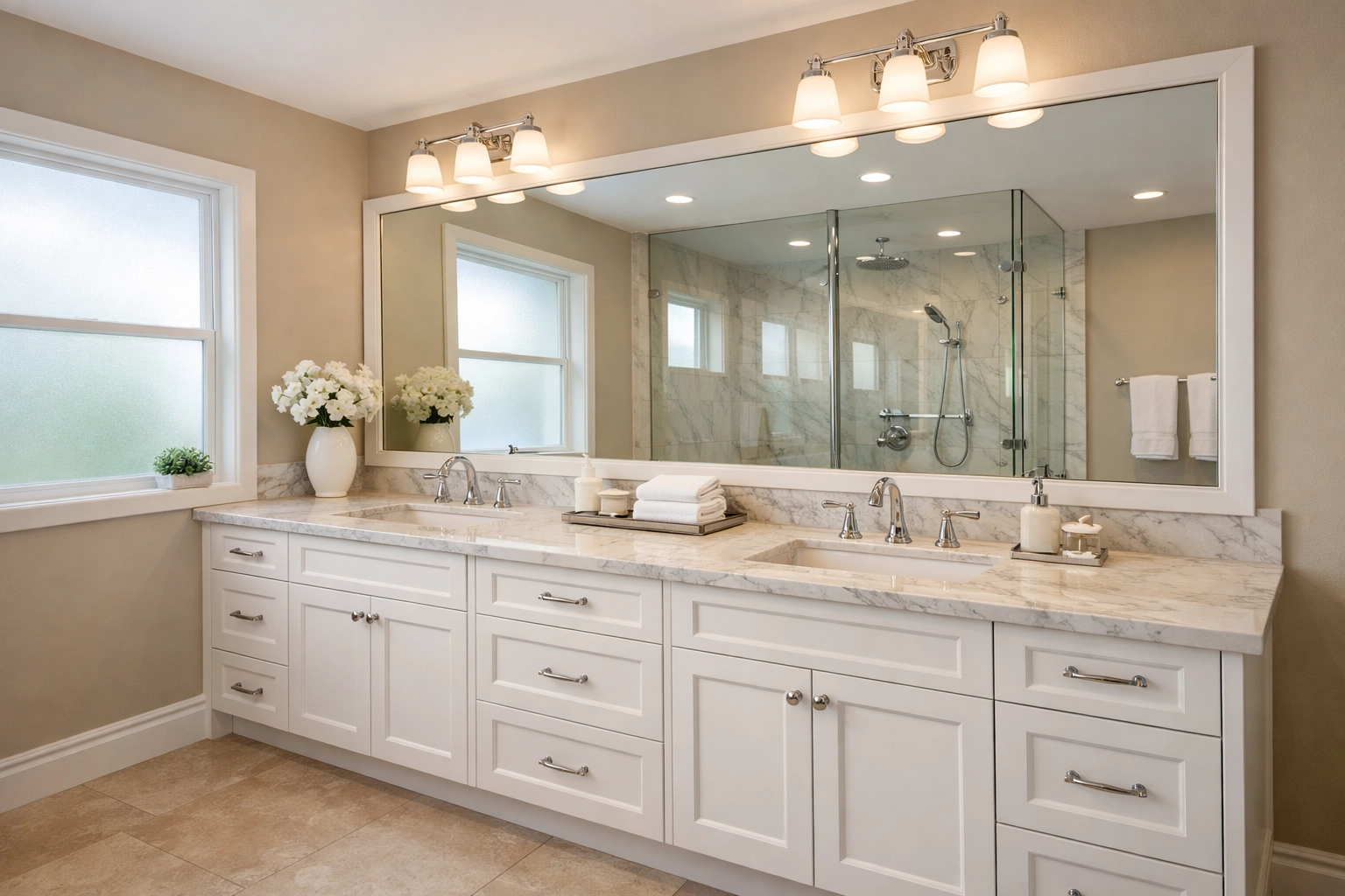 Luxury bathroom remodeling Orlando showing double vanity and modern finishes that boost home value