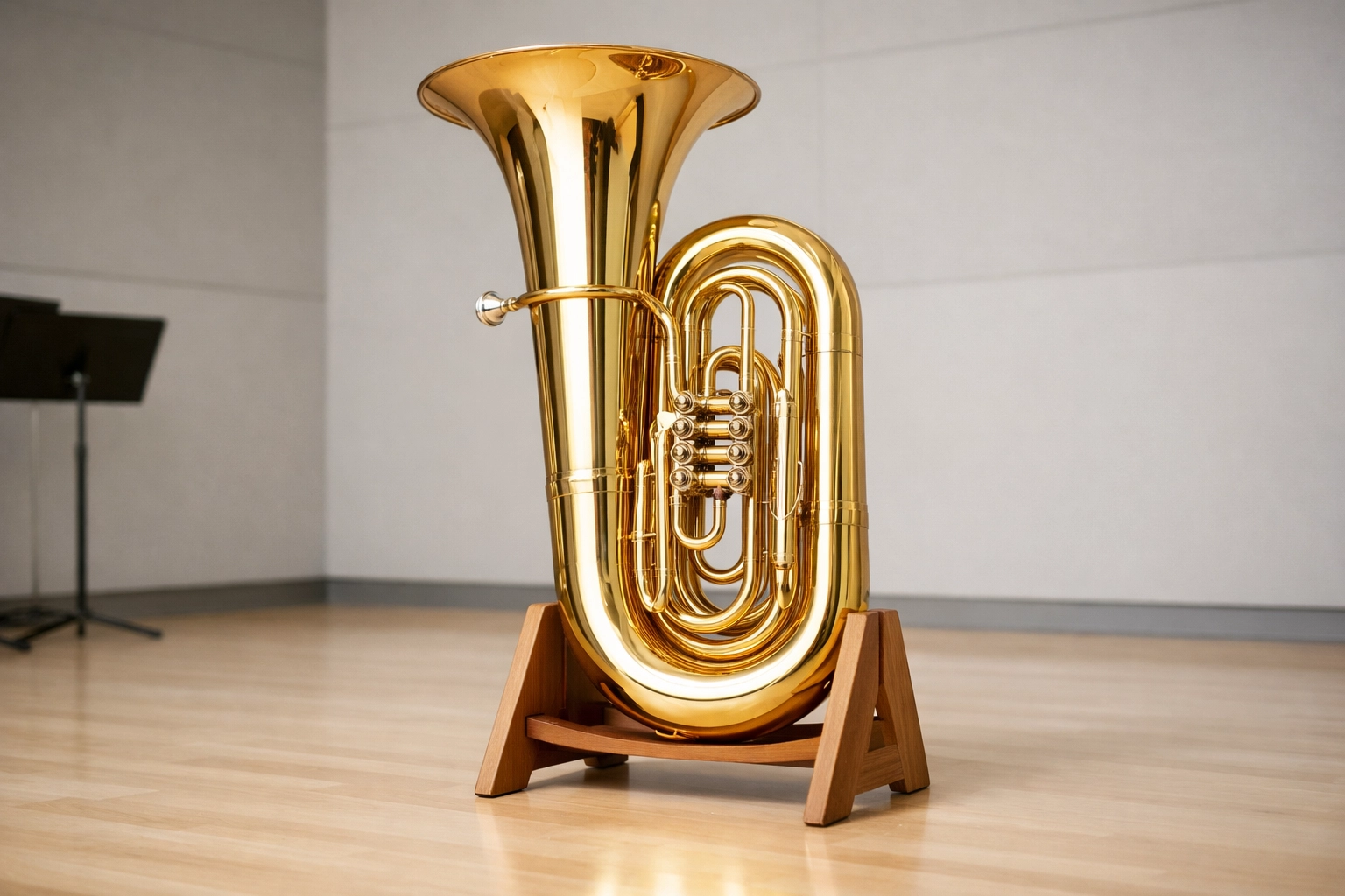 Professional gold brass tuba on a stand, showcasing high-value equipment covered by brass band insurance.