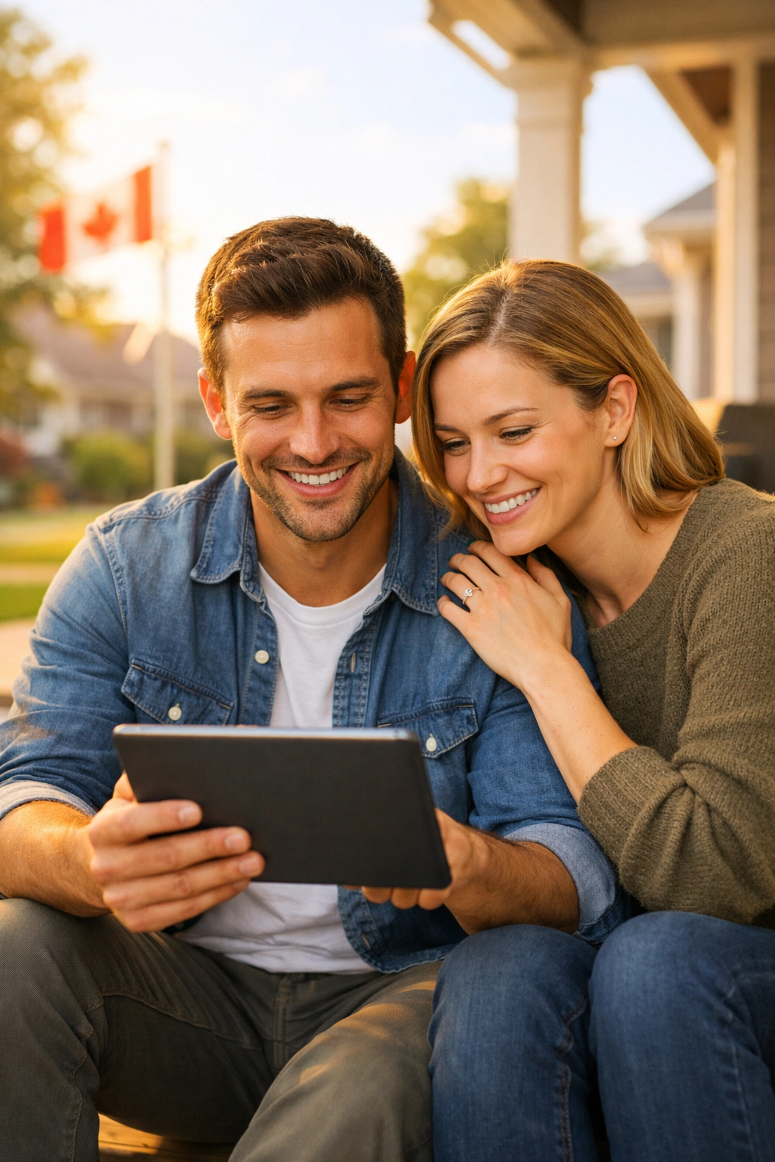 Relieved couple researching bad credit loan canada options together on a porch tablet.