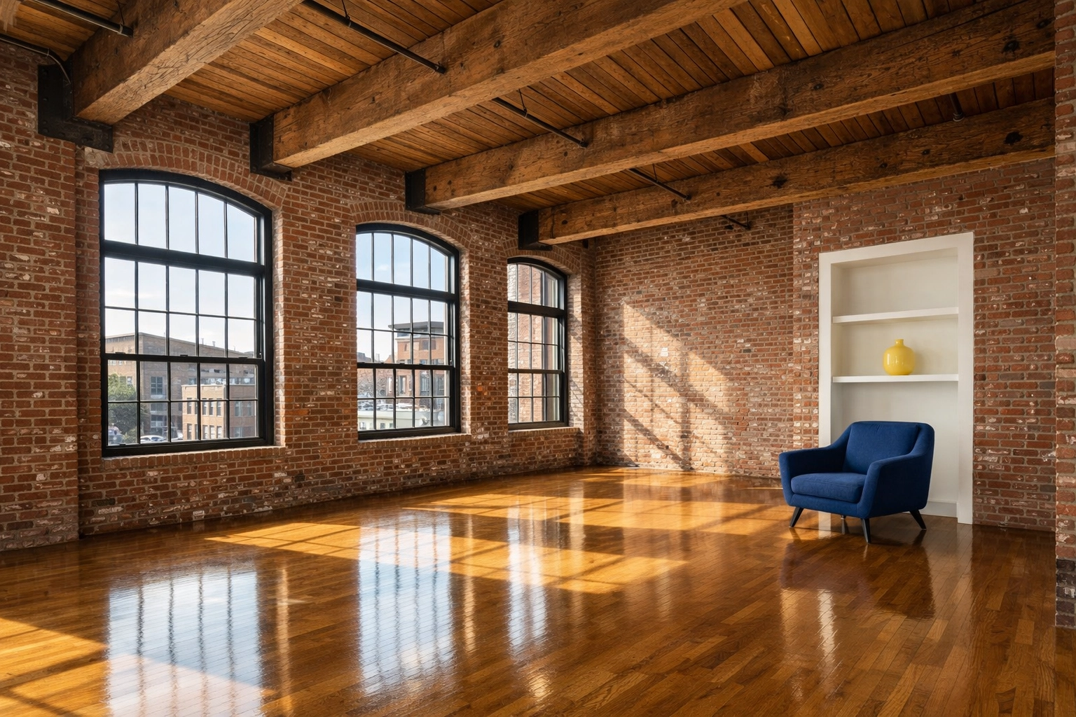 Clean industrial loft in Lowell MA with spotless floors after professional move-in cleaning.