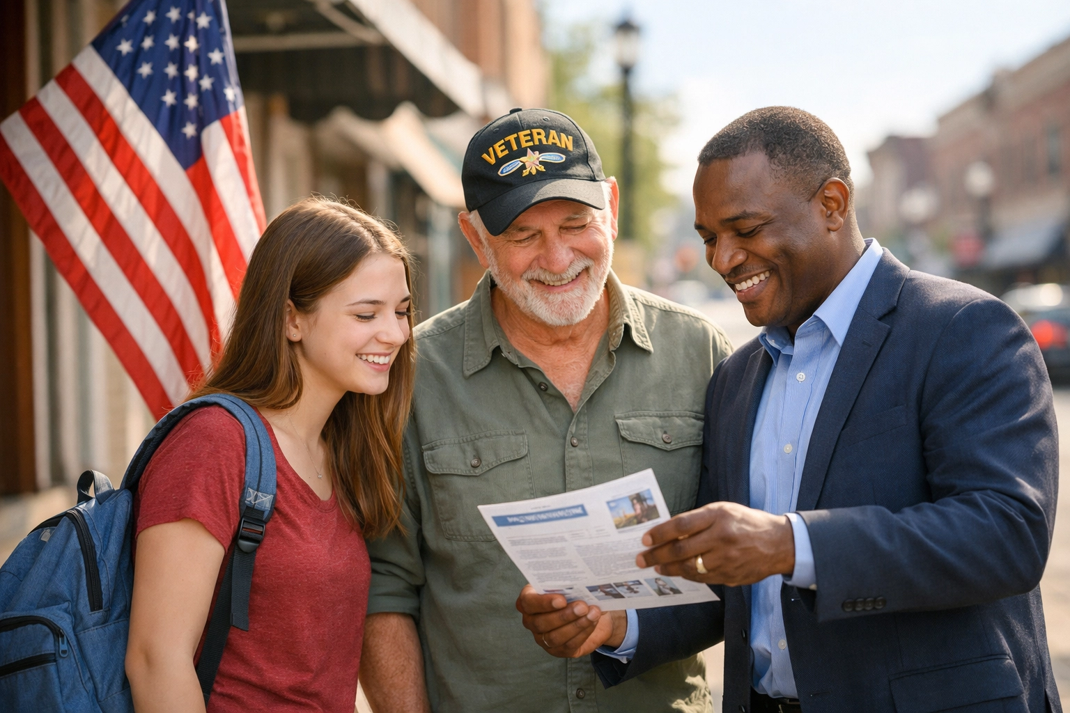 A diverse group of community members and a veteran discuss local initiatives and ways to get involved.