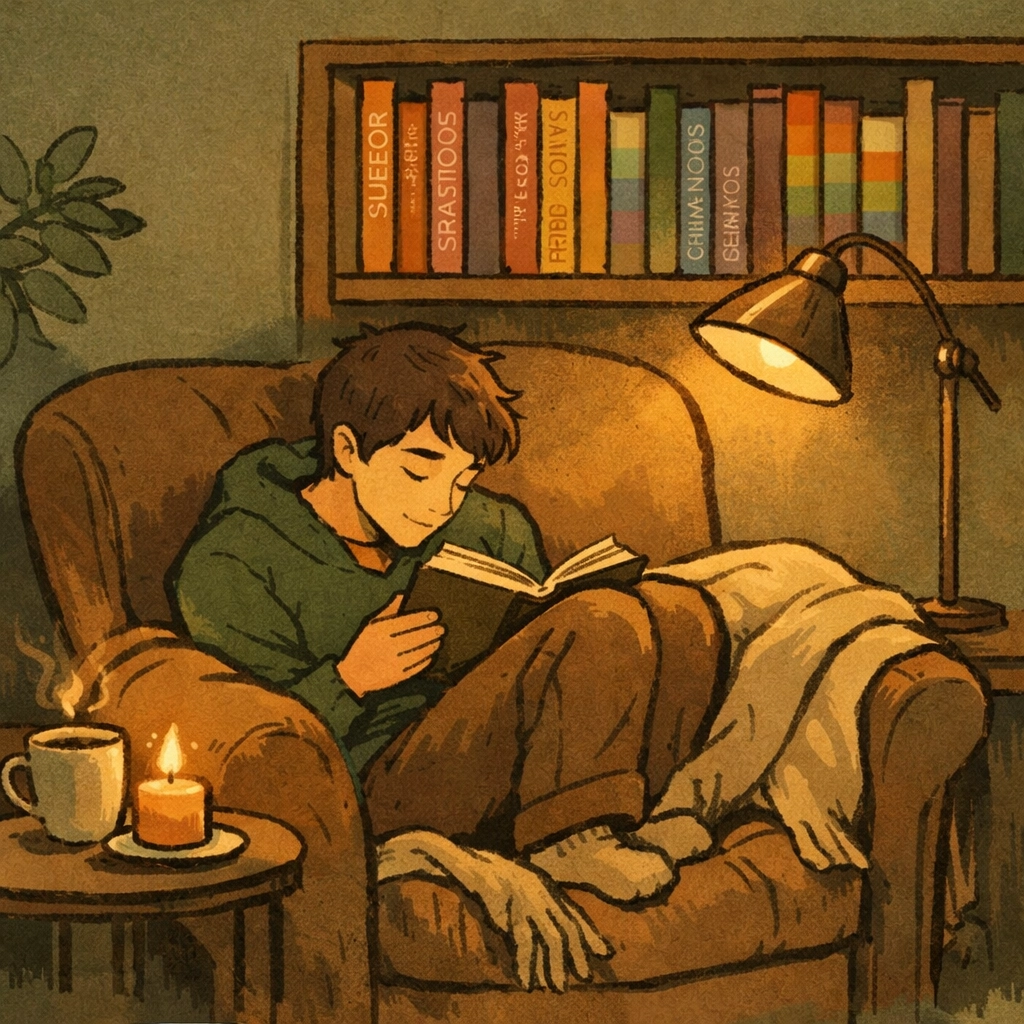 Young man reading in cozy corner surrounded by LGBTQ+ books and gay fiction collection