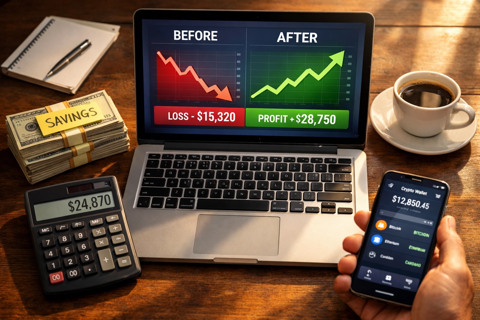 Small business owner's financial dashboard showing $24,870 annual savings with LUSD payments
