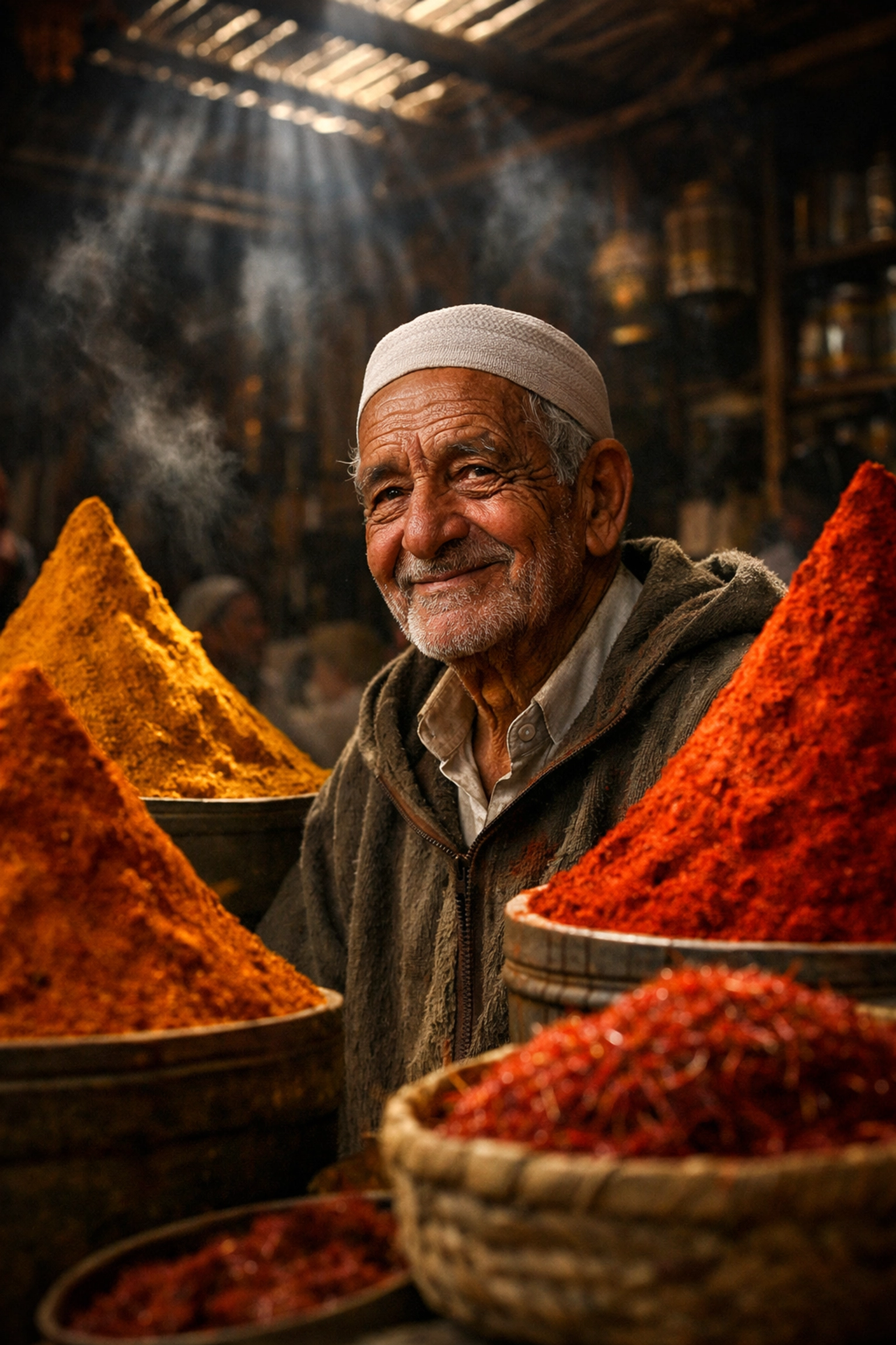 A candid portrait of a Marrakech spice merchant capturing the human element in authentic travel photography.