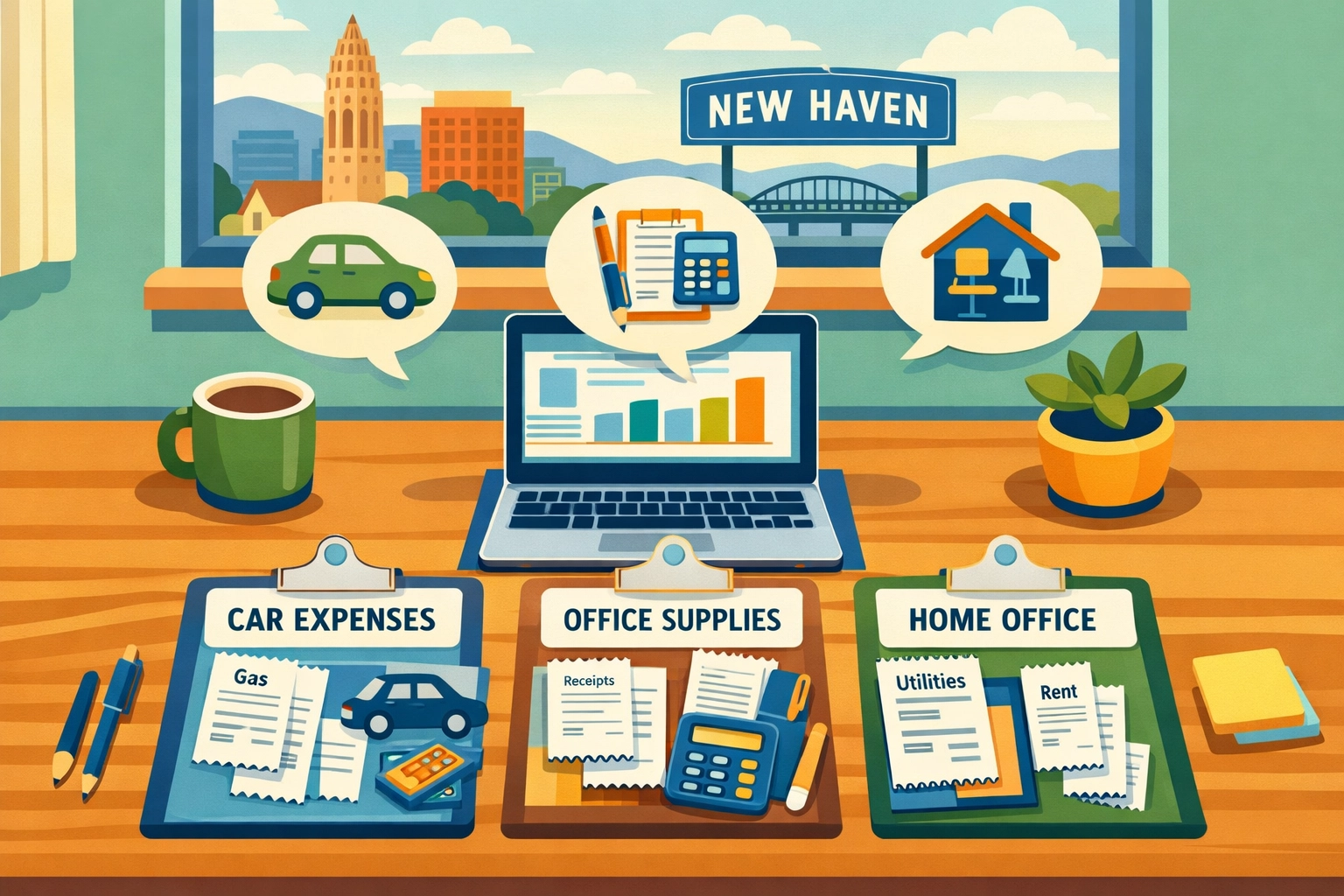 Home office workspace with organized business expense receipts and tax deduction documents