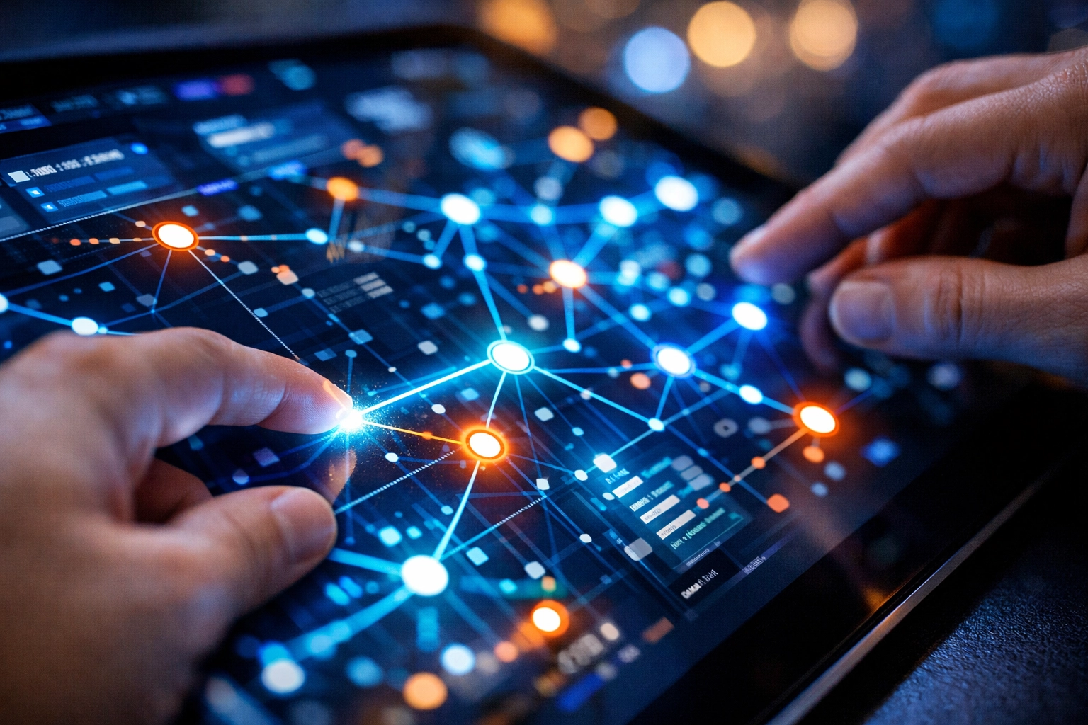 Data migration testing with connected data points showing validation between systems