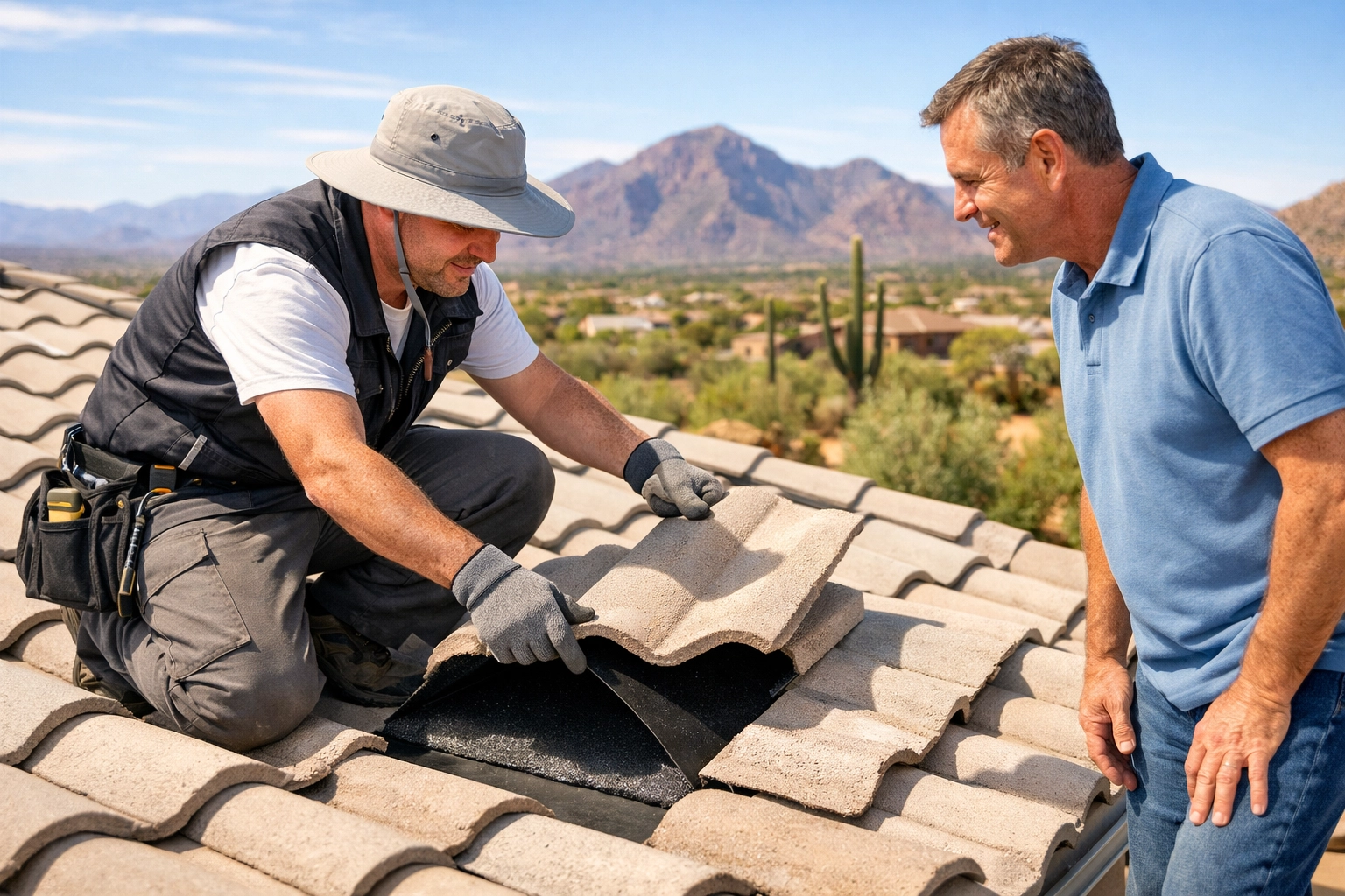 Expert roofer conducting a professional roof inspection in Phoenix AZ for a concerned homeowner.