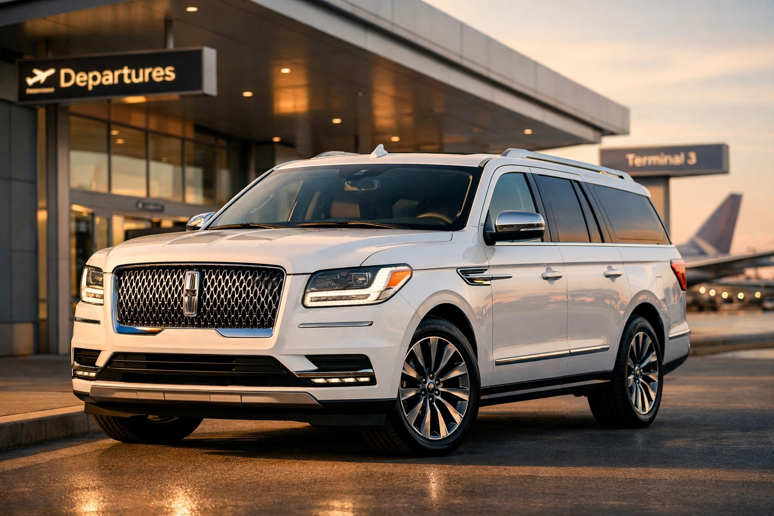 White Lincoln Navigator SUV at airport terminal for Niagara airport transfer service