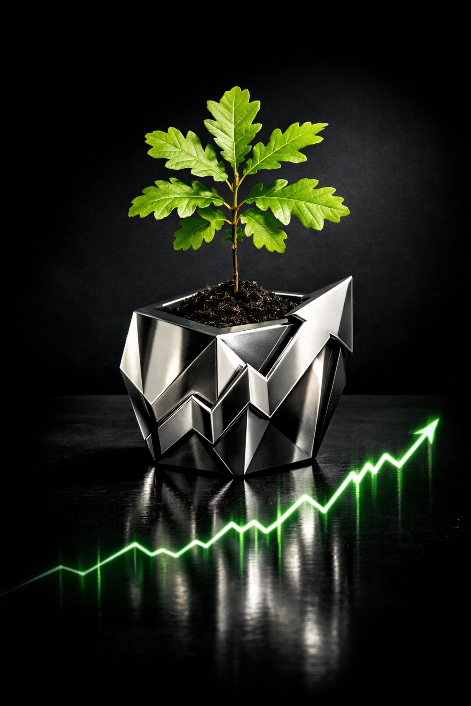 A green sapling in a modern financial container representing sustainable growth and impact investing assets.