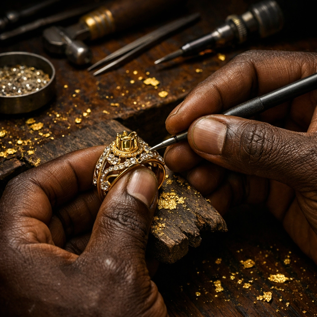 A Black jewelry designer hand-crafting a gold piece, representing the skill and beauty of Black-owned brands.