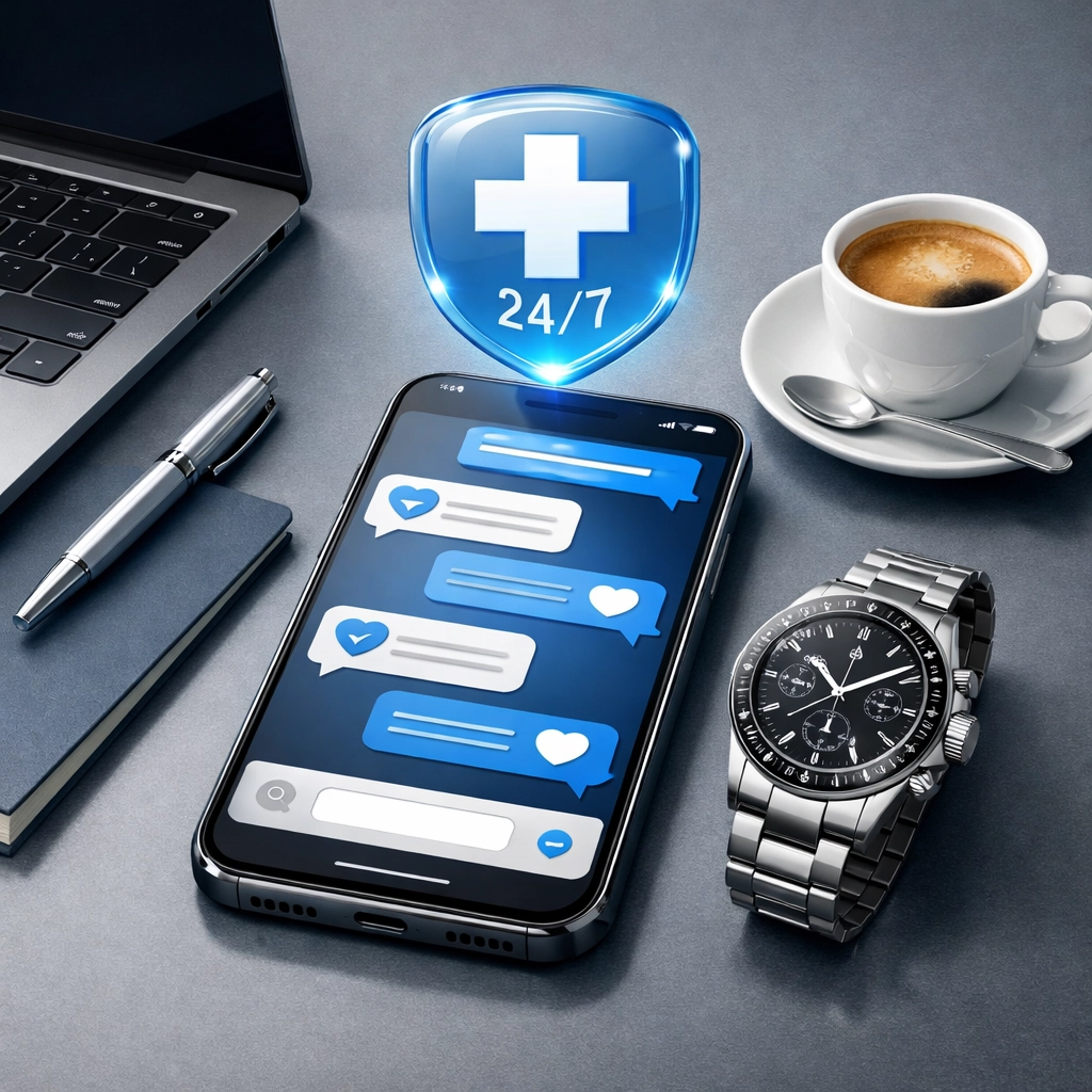 Secure medical messaging on a smartphone for 24/7 online doctor consultations in a professional office.
