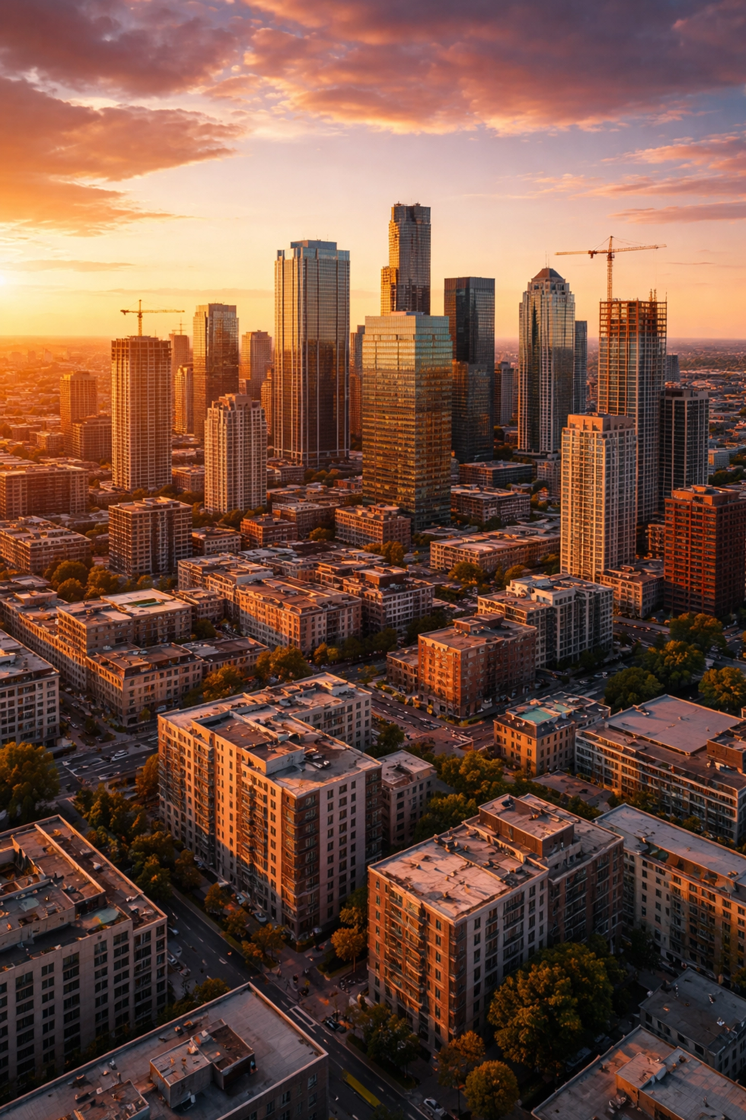 Aerial cityscape with mixed-use buildings and new developments, representing real estate's role in diversified investment portfolios.
