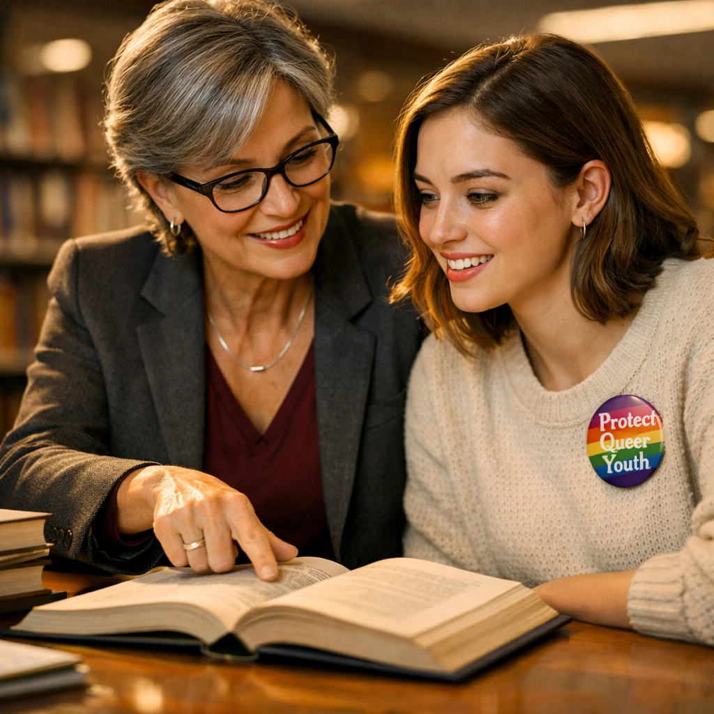 A lesbian mentor and student studying together, highlighting queer education and professional development in academia.