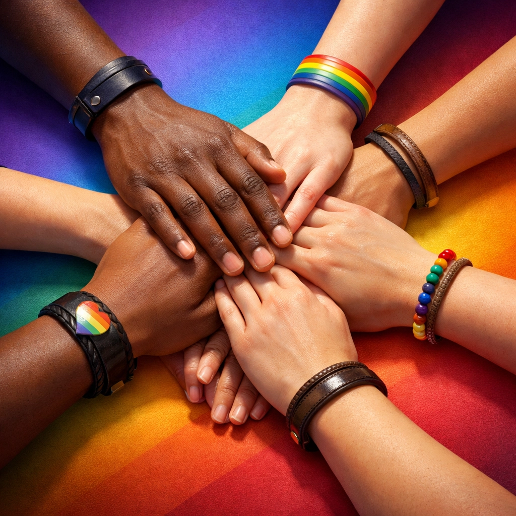 Diverse LGBTQ+ hands forming inclusive pack unity circle in puppy play community