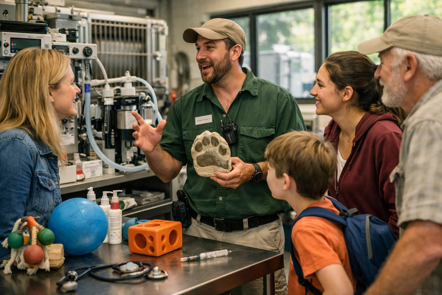 Zoo keeper leading behind-the-scenes conservation tour for engaged visitors