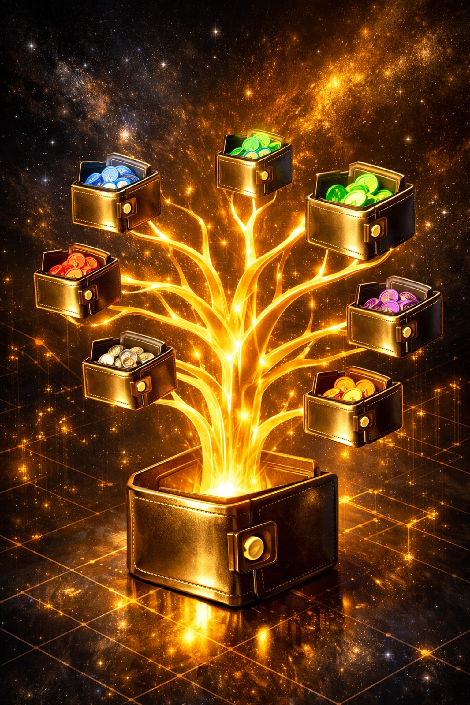 Master wallet branching into sub-wallets showing crypto payment architecture for merchants