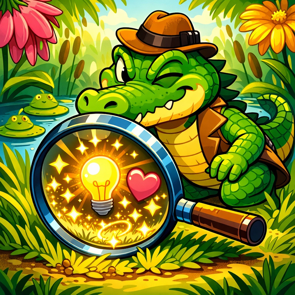 Xtermigator alligator detective revealing hidden strengths for kids with invisible disabilities in a colorful swamp.