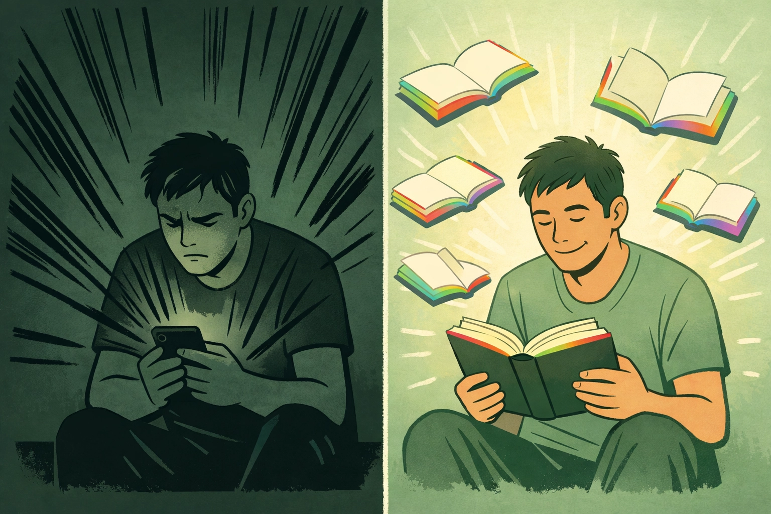 Man transforming from phone negativity to joy reading gay romance books with rainbow edges