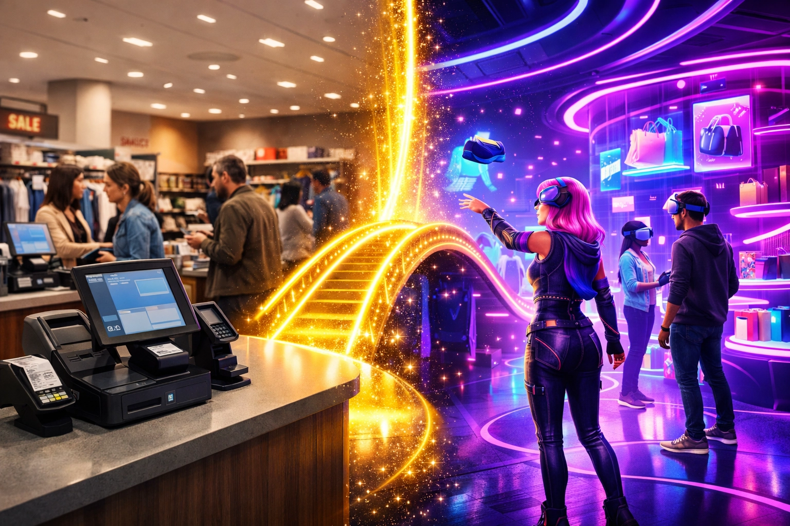 Unified commerce platform connecting physical retail store with virtual reality shopping