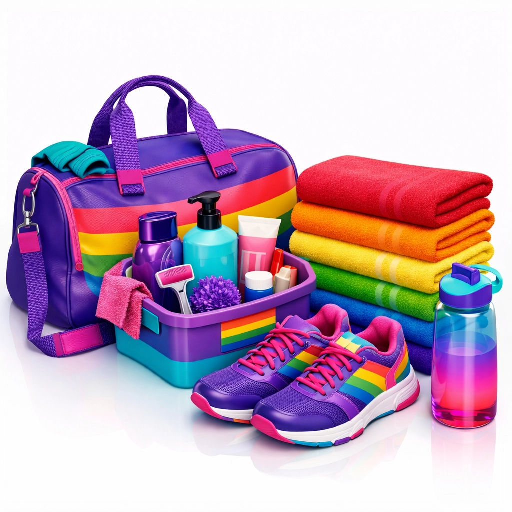 Colorful gym bag and shower essentials with LGBTQ+ pride theme