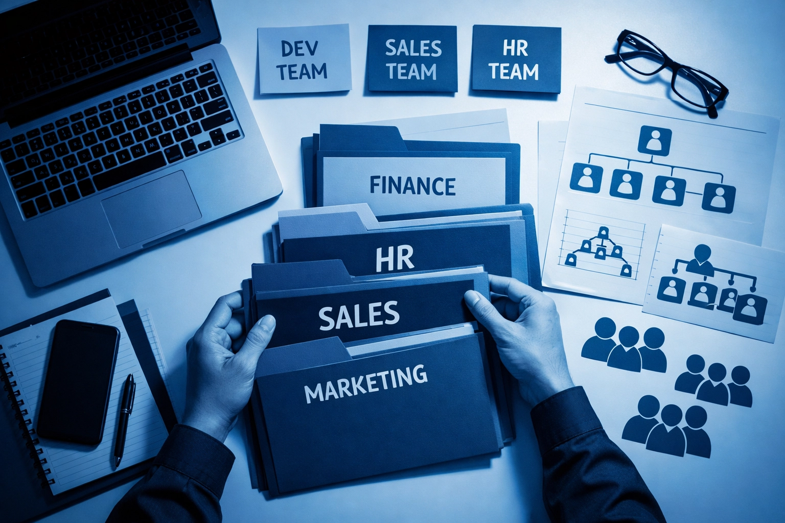 Organizing shared drive folders and group permissions on desk with laptop and organizational charts