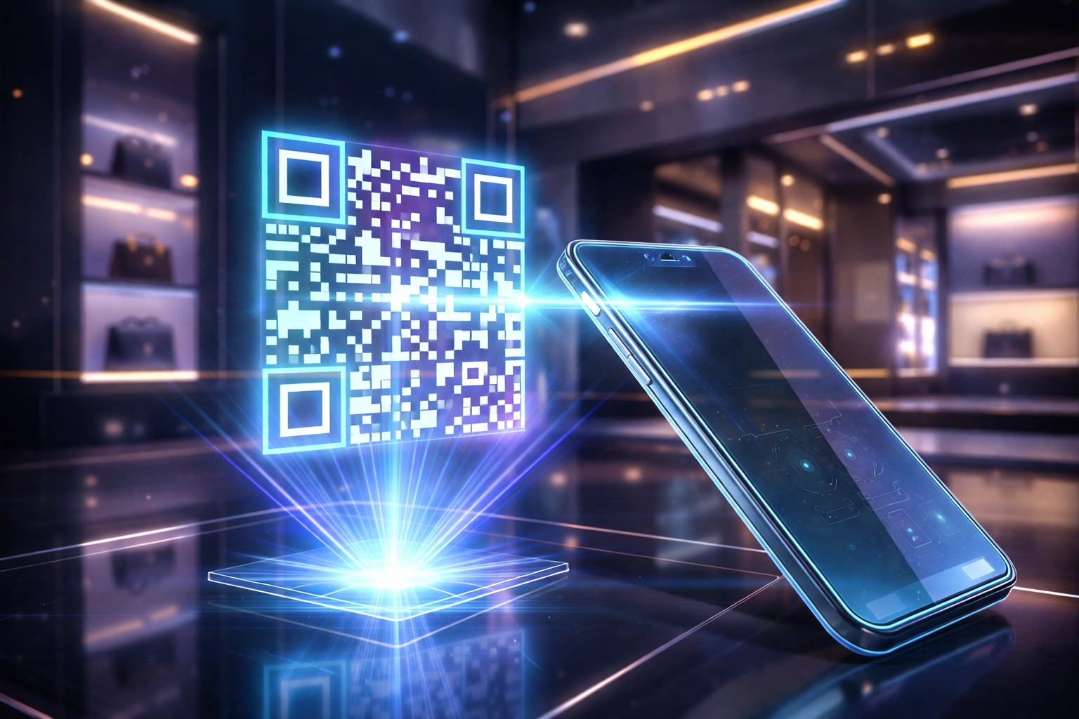 Futuristic virtual store QR code payment scan showcasing metaverse shopping and crypto POS integration