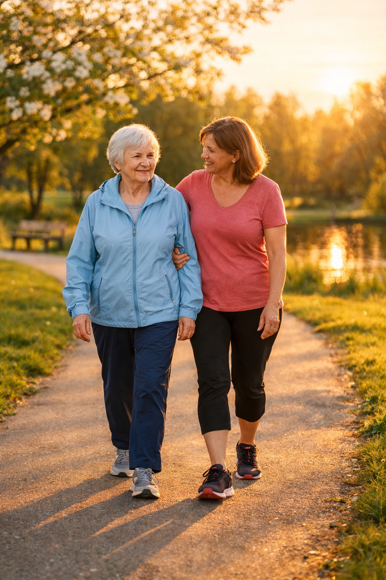 A senior woman taking a slow, safe walk in a park to practice gradual post-fall recovery exercises.