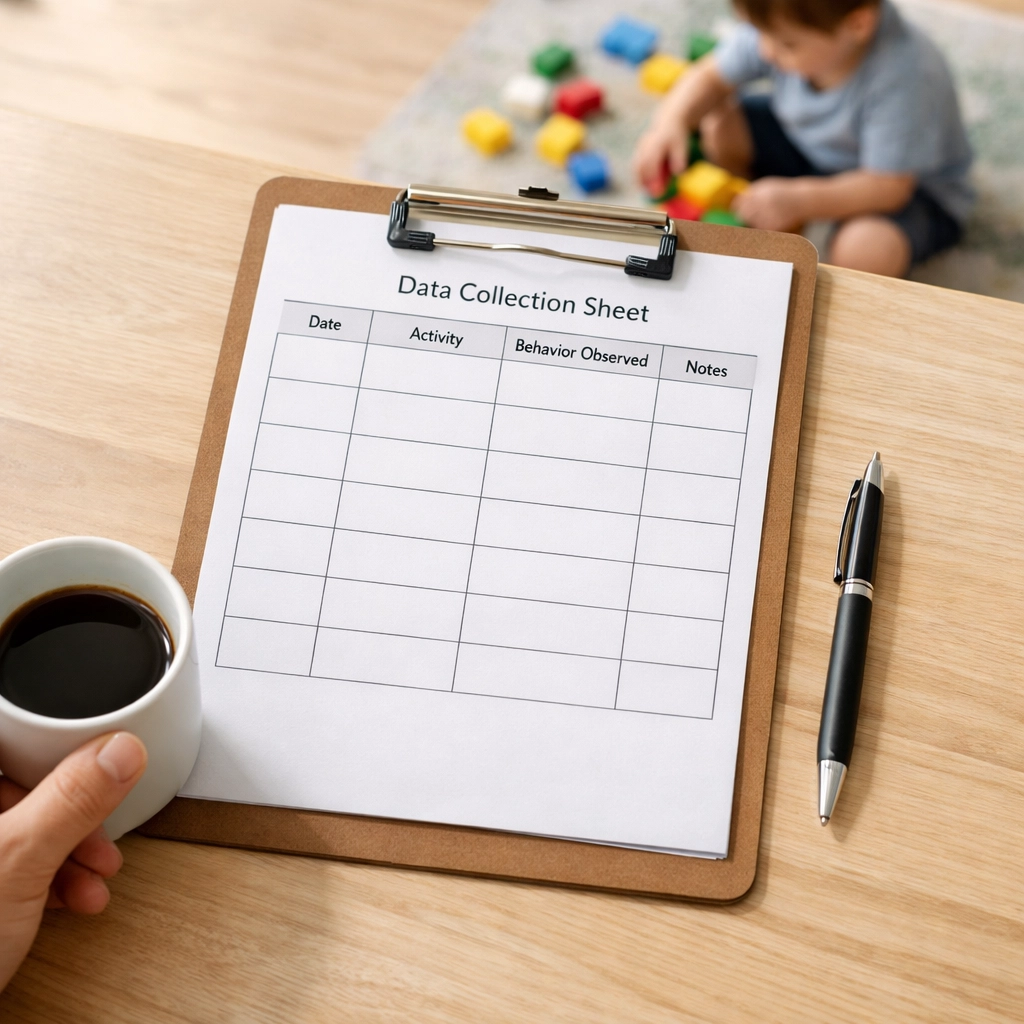 ABA data collection sheet for tracking child's progress in parent training program