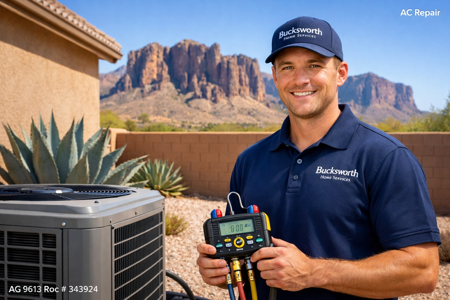 Bucksworth technician performing an AC repair diagnostic in Gold Canyon AZ near the Superstition Mountains.