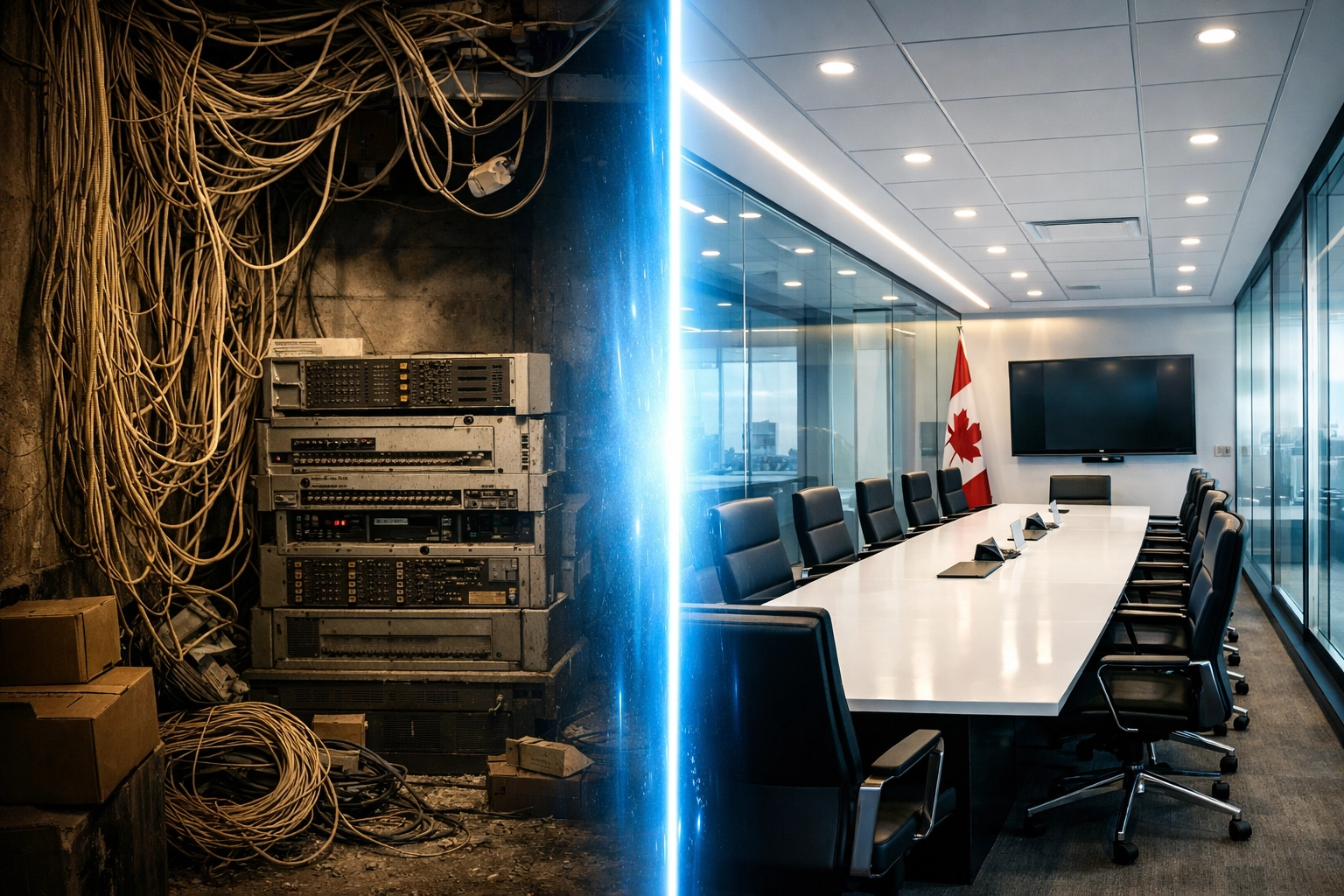 Comparison of a legacy phone system and modern cloud PBX in a Canadian corporate office setting.