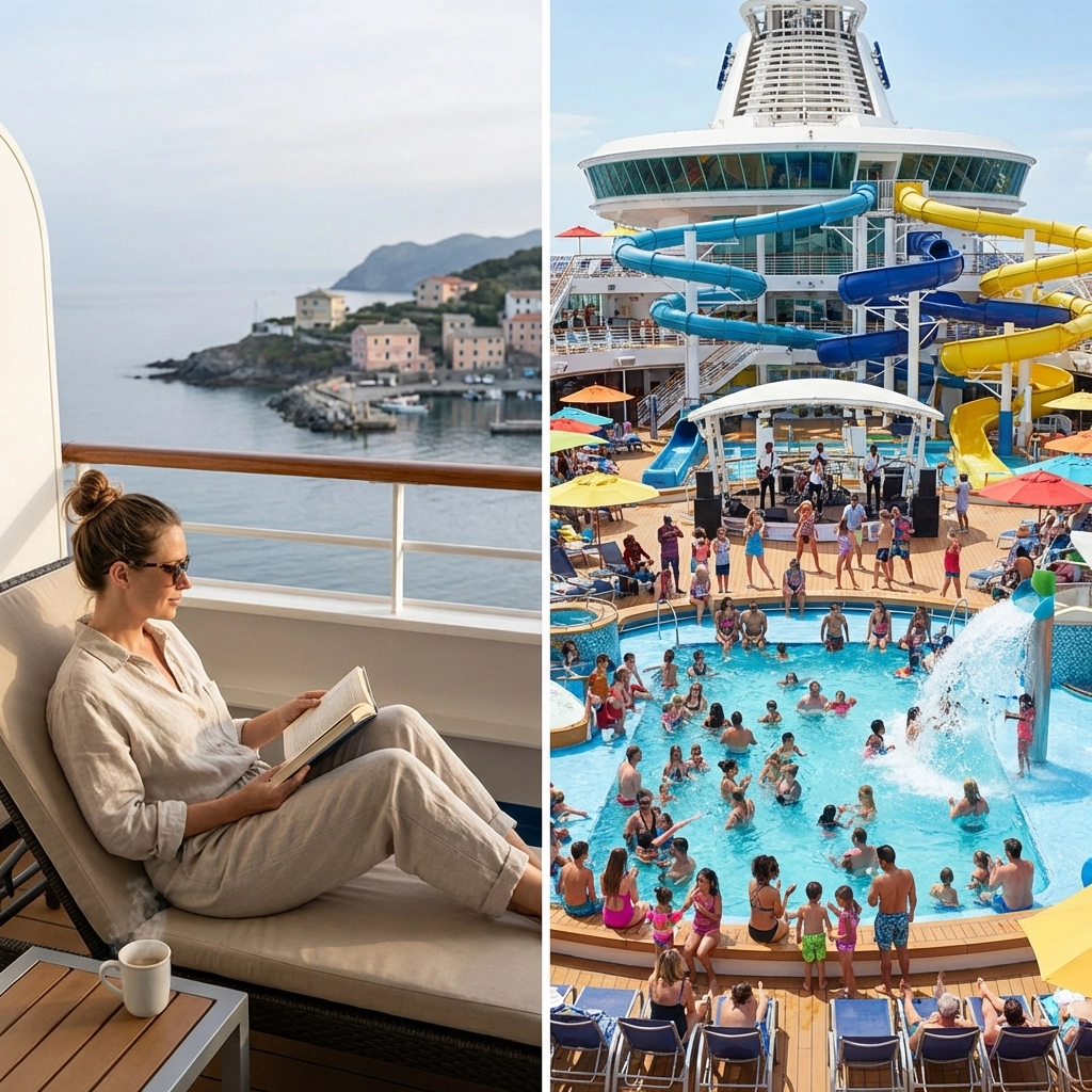 Boutique cruise balcony reading vs mega-ship pool deck activities showing different cruise social experiences