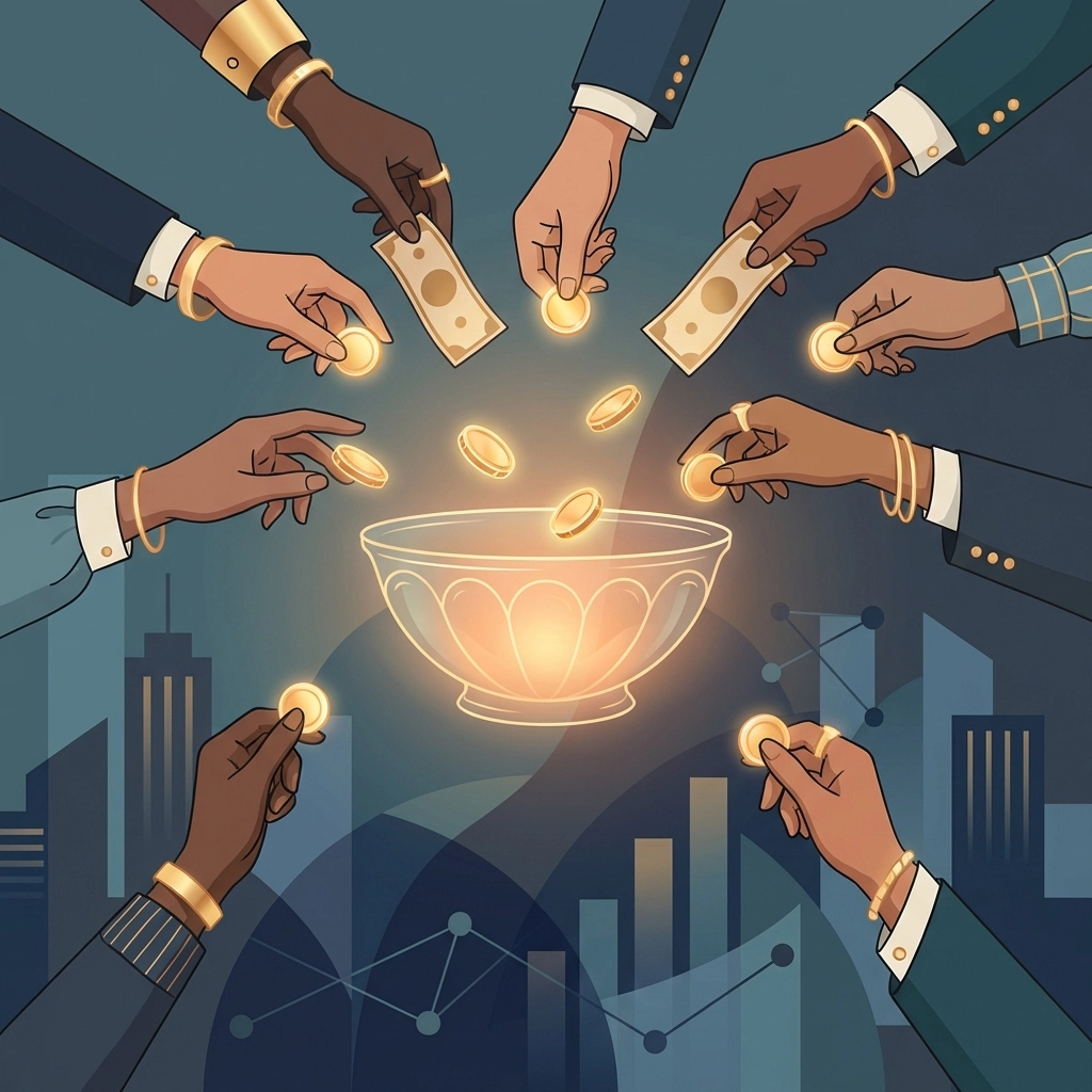 Diverse investors pooling capital, symbolizing collaborative investment in private and digital markets.