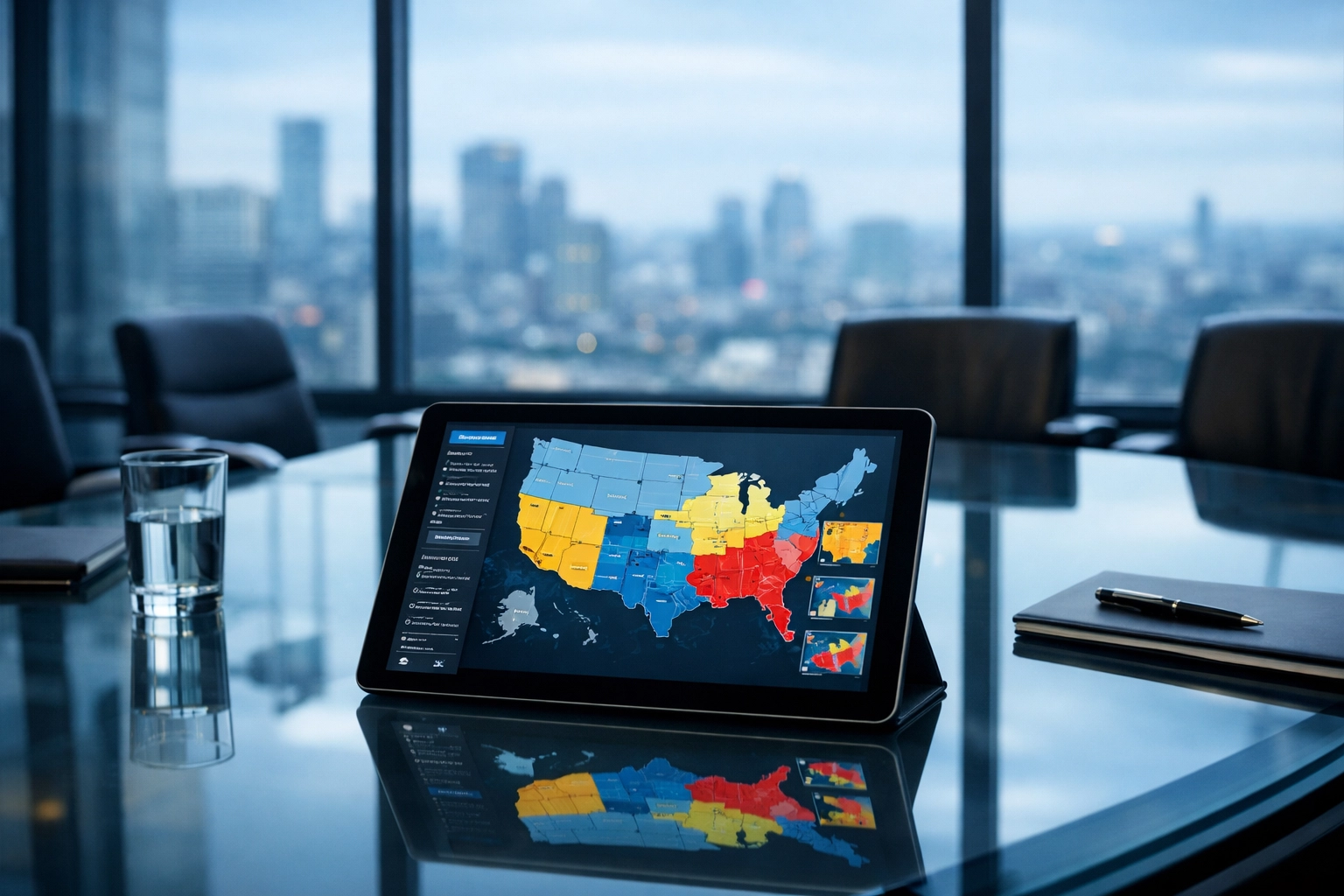 Professional office setting with a tablet showing regional maps for state-specific tax compliance and workflow.