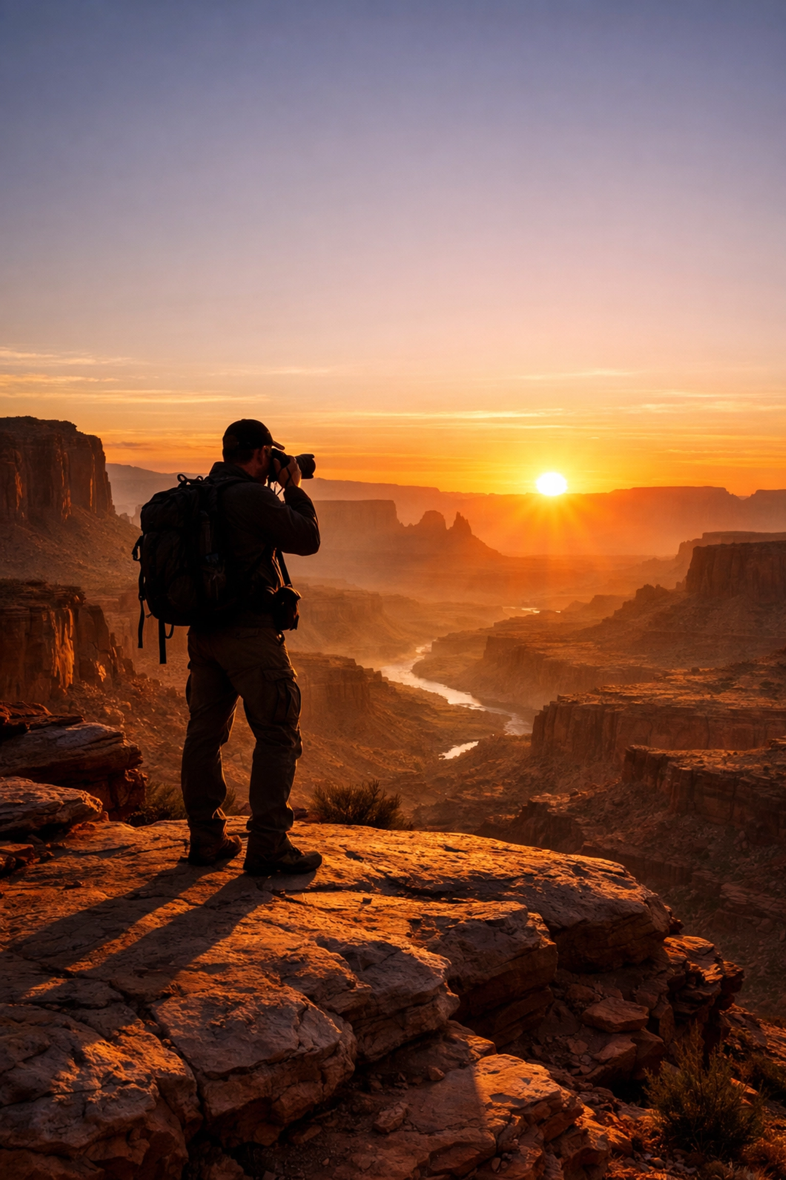 Silhouetted photographer at a desert canyon during golden hour, illustrating landscape photography planning.