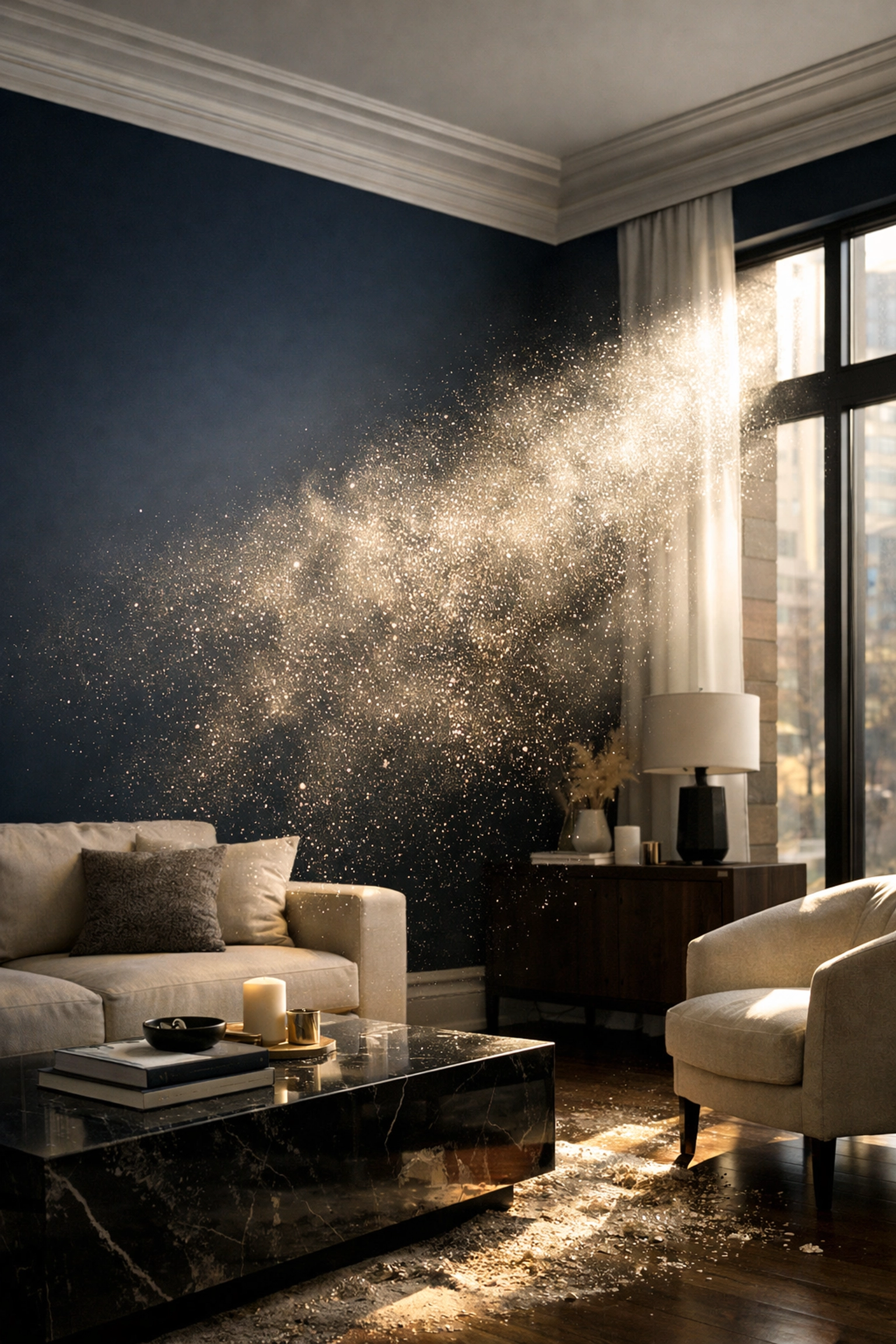 Sunlight revealing airborne construction dust particles in a modern living room after renovation.