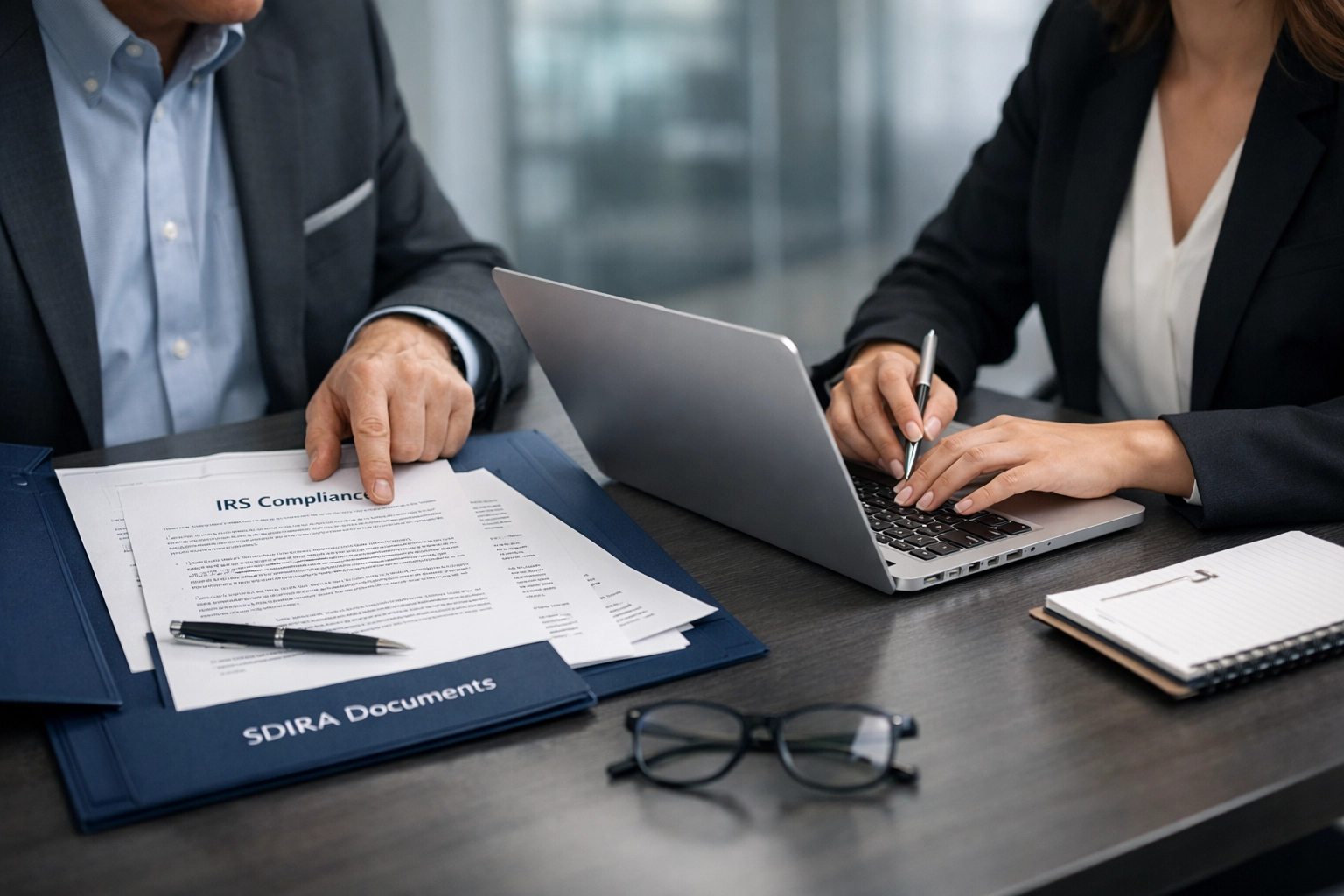 Financial advisors reviewing SDIRA compliance documents and IRS regulations for self-directed IRA setup