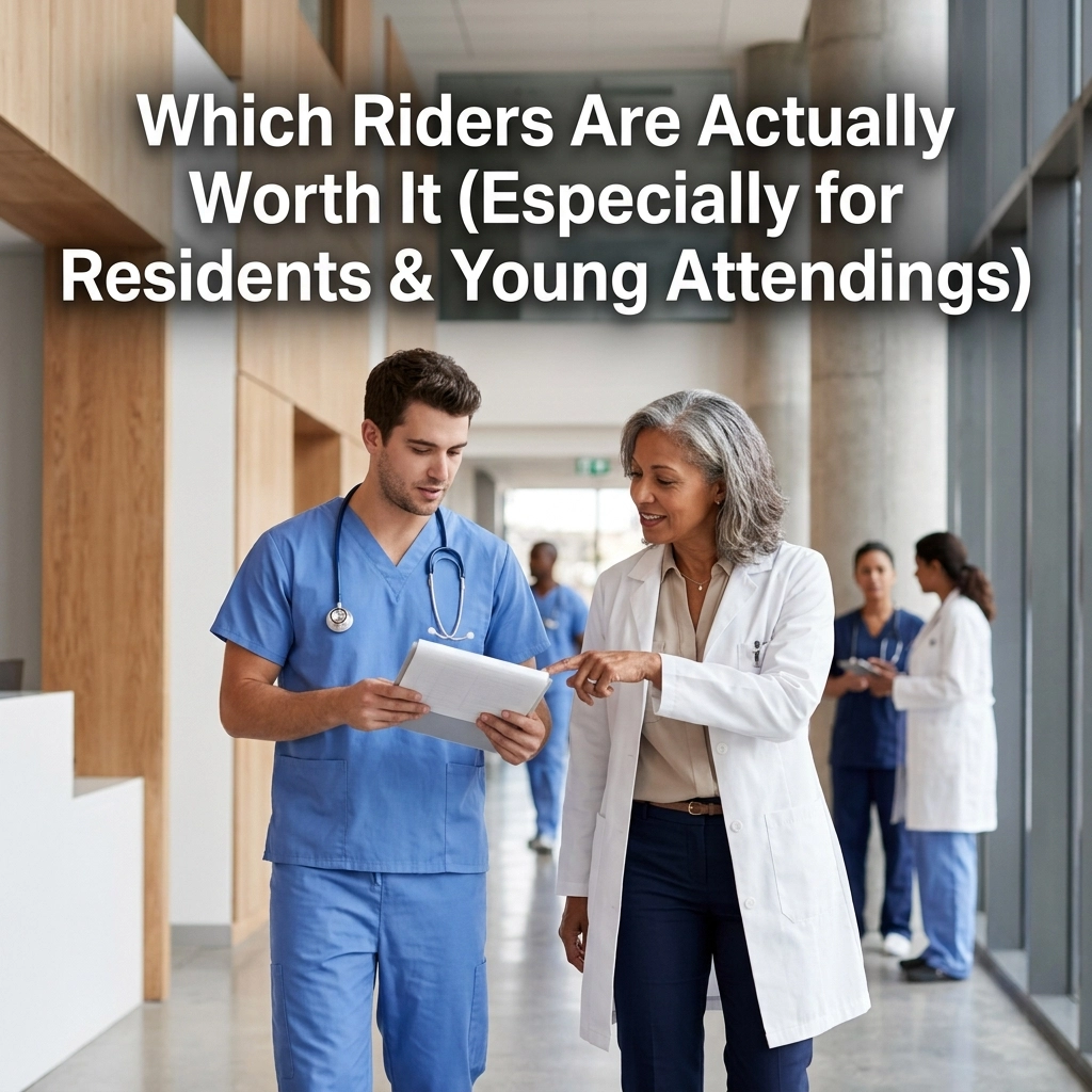 [HERO] Which Riders Are Actually Worth It (Especially for Residents & Young Attendings). Executive white font #FFFFFF for the title text. No logos or branding.