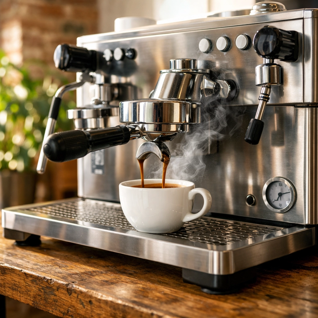 Professional 2-group commercial espresso machine pouring a fresh shot for a new coffee shop startup.