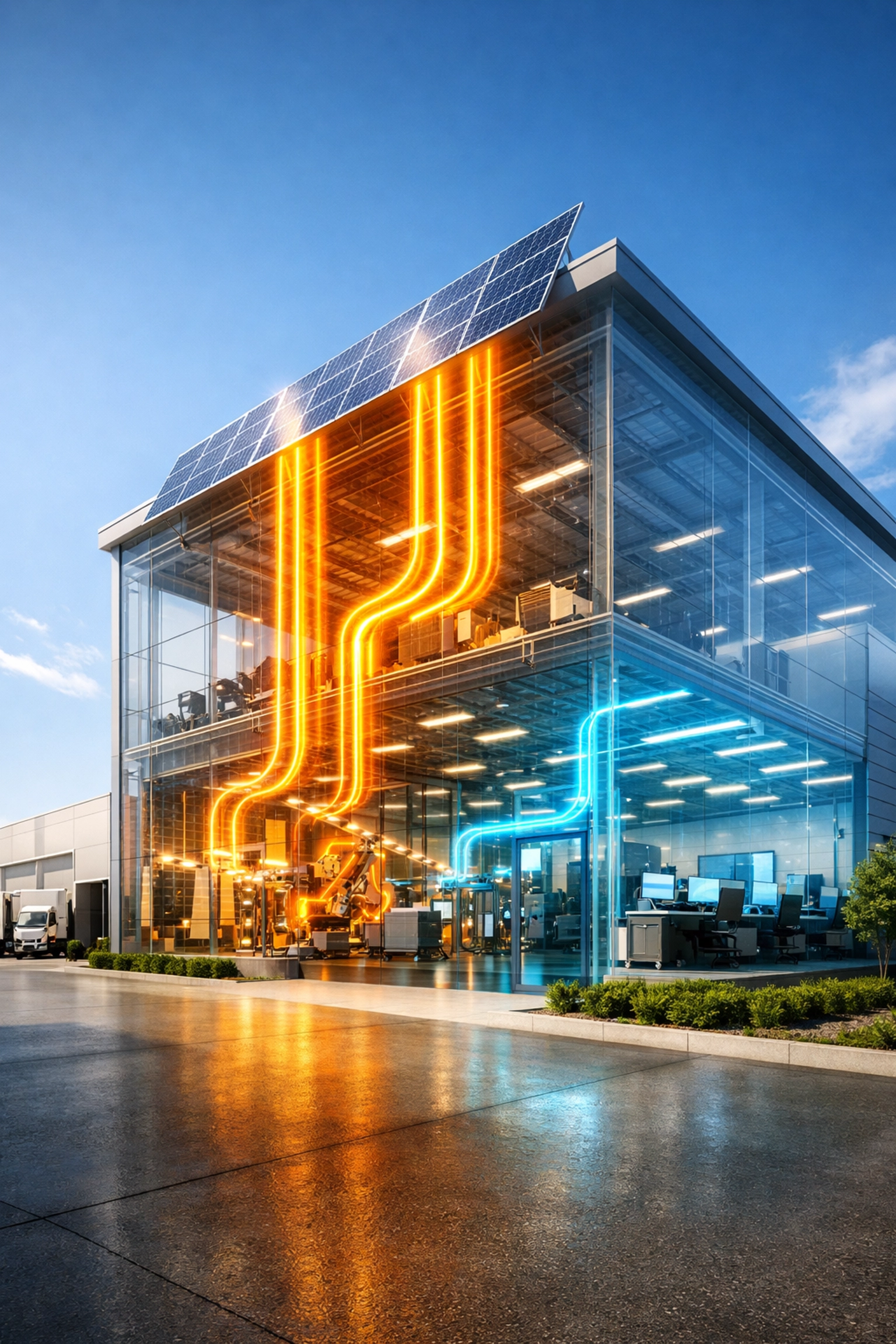 A large commercial warehouse with rooftop solar panels powering industrial machinery and office equipment.